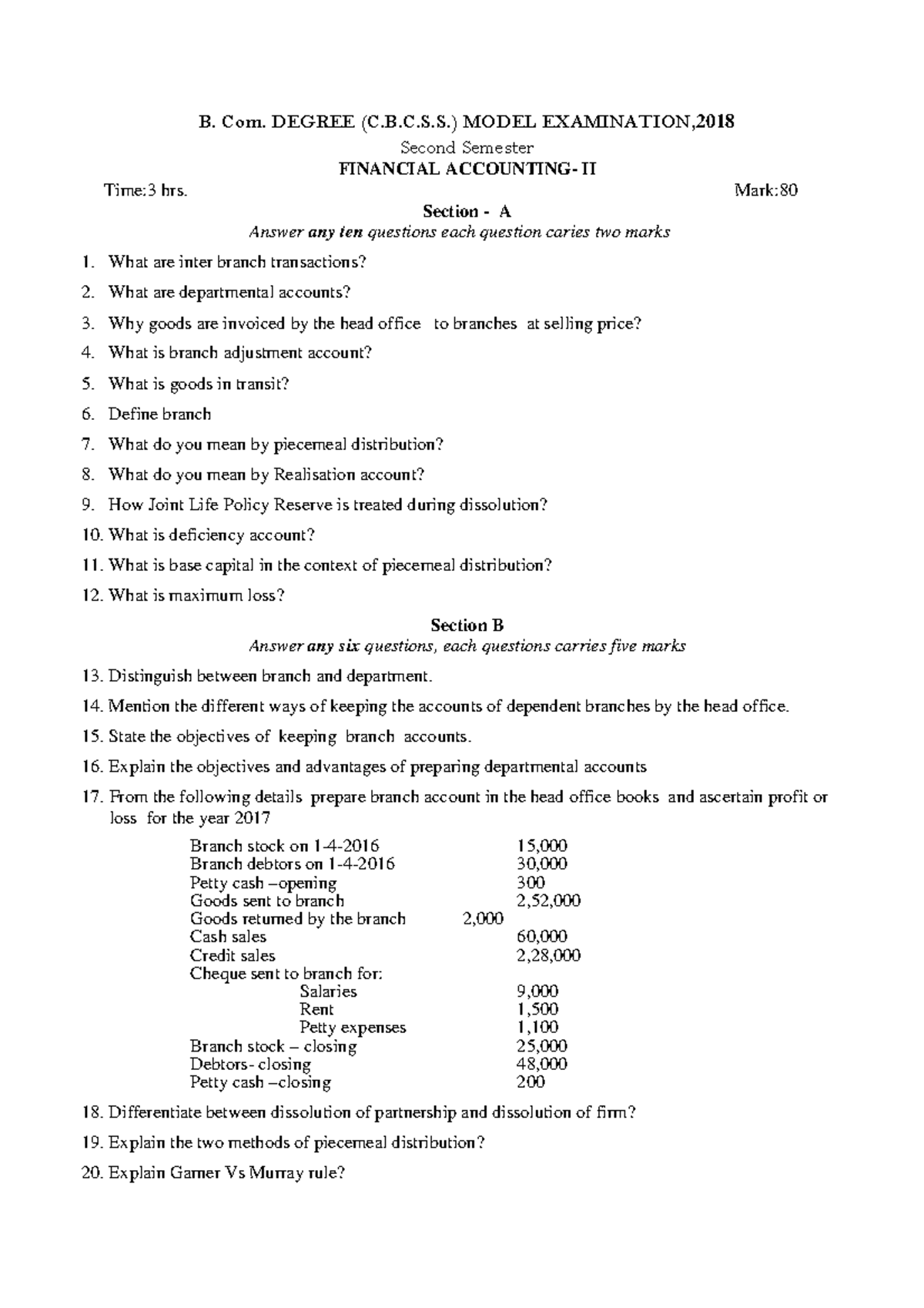 B Com Financial Accounting B. Com. DEGREE (C.B.C.S.) MODEL