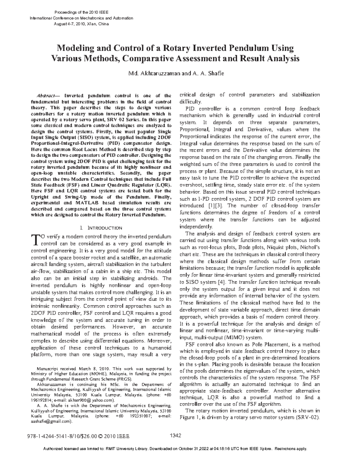 Modeling and control of a rotary inverted pendulum using various ...
