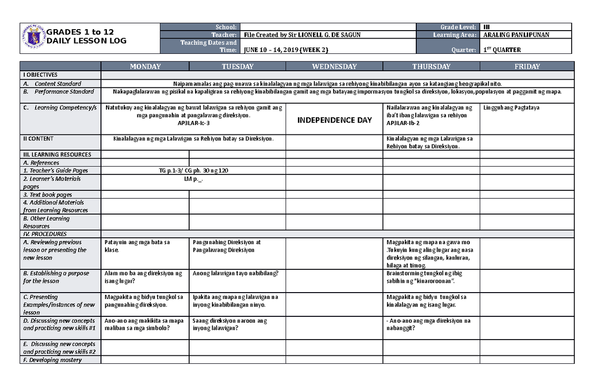 DLL Araling Panlipunan 3 Q1 W2 - GRADES 1 to 12 DAILY LESSON LOG School ...