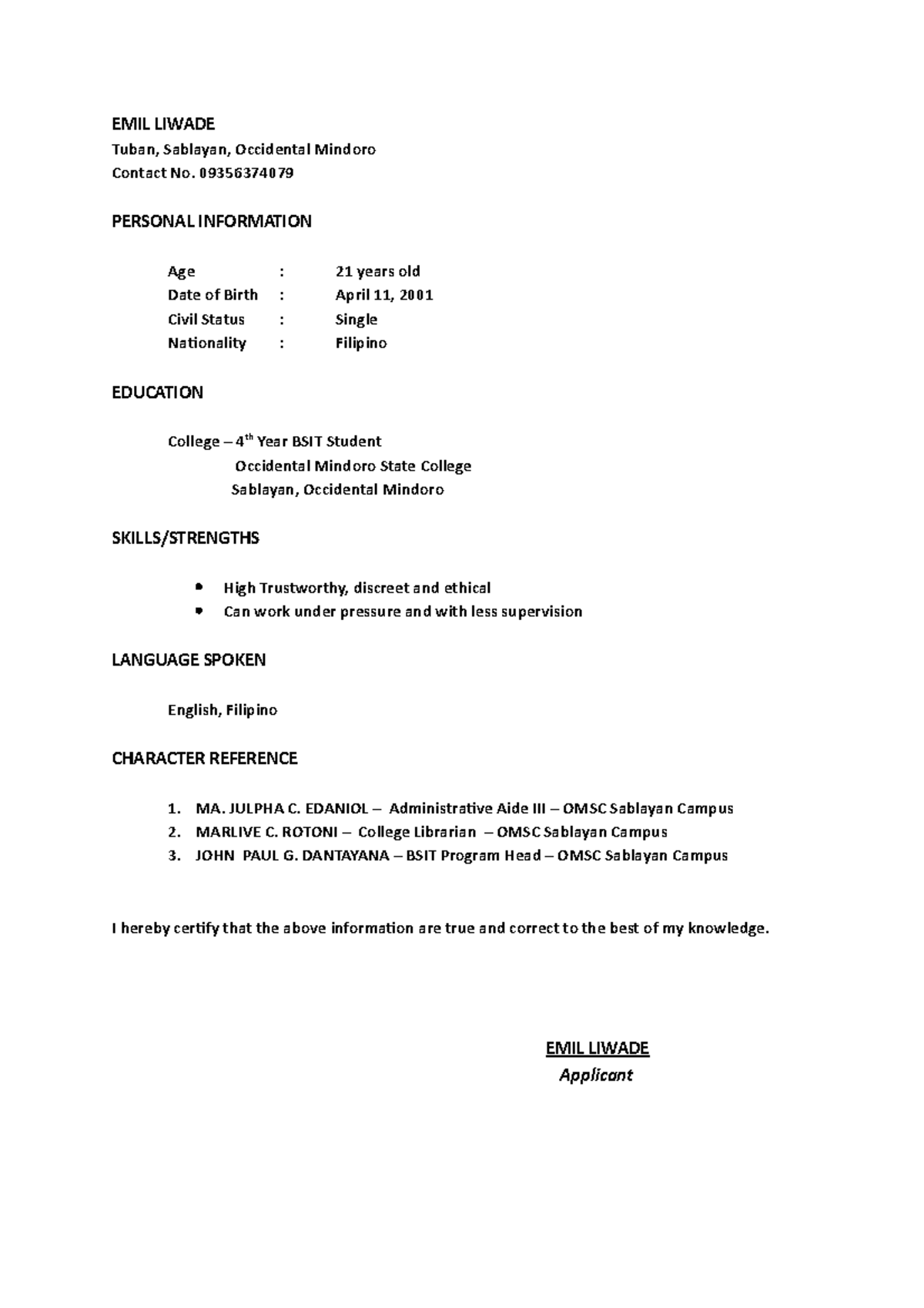 Liwade New Resume - Student - EMIL LIWADE Tuban, Sablayan, Occidental ...