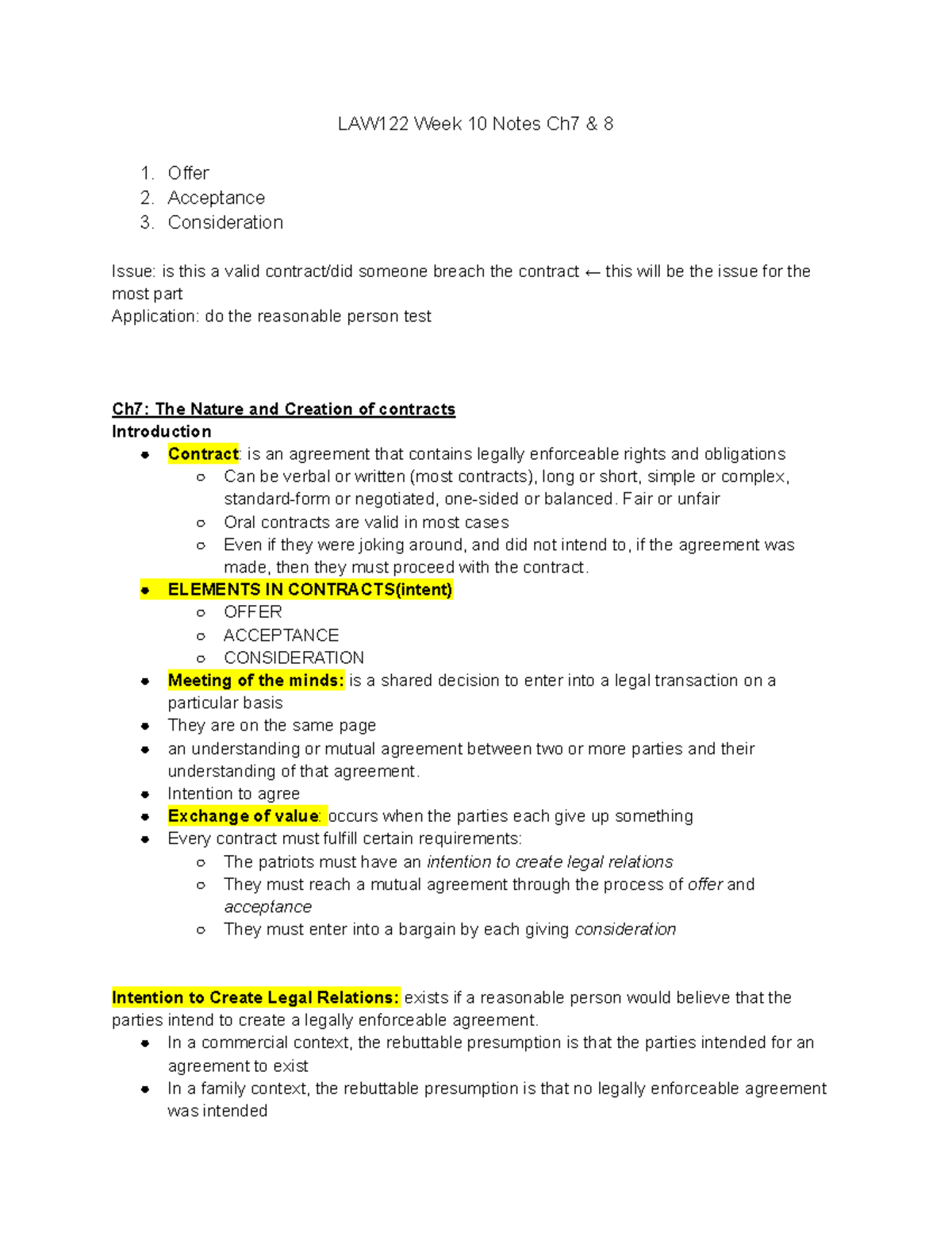 LAW122- Week 10 NOtes Ch7 and 8 - LAW122 Week 10 Notes Ch7 & 8 1. Offer ...