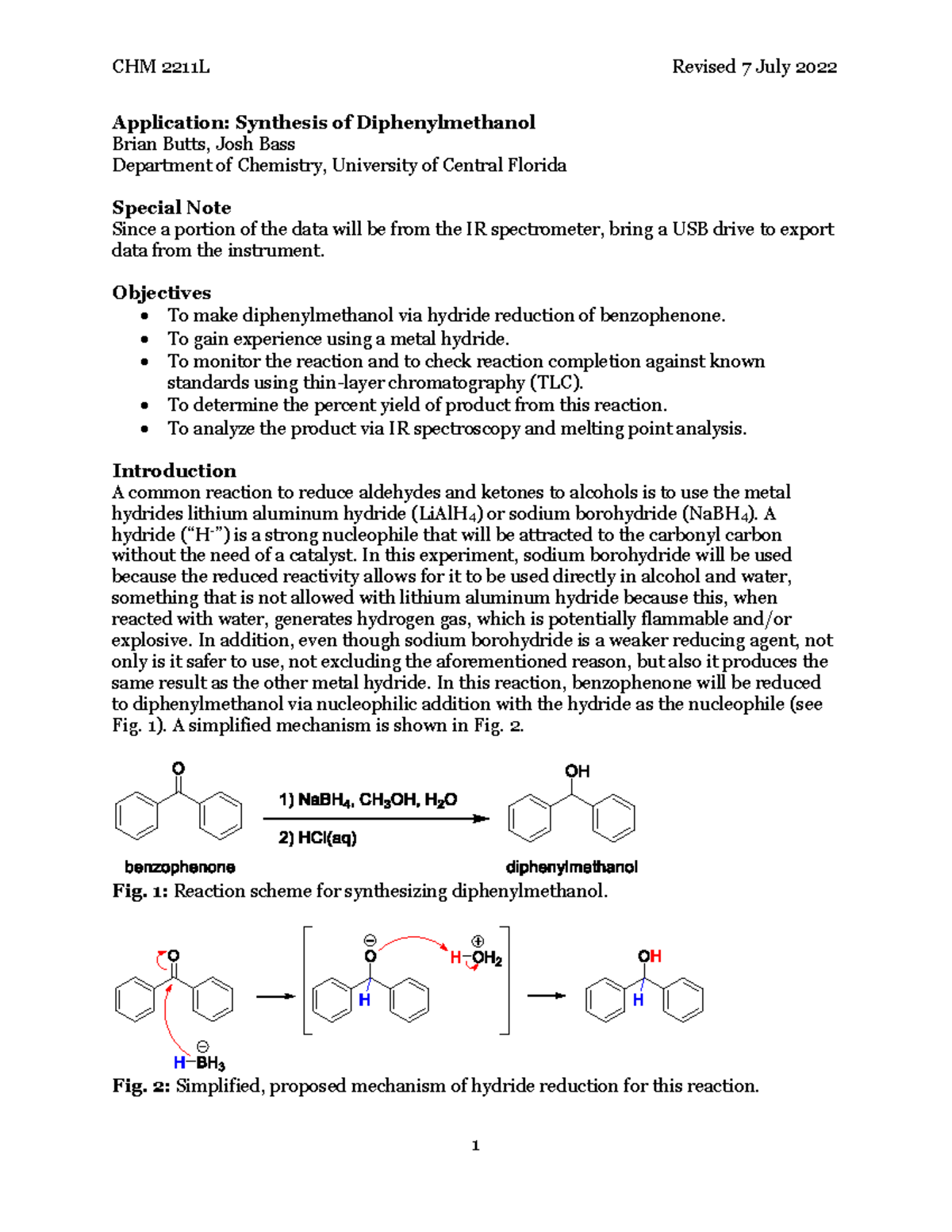 CHM 2211L Diphenylmethanol Lab - CHM 2211L Revised 7 July 2022 ...