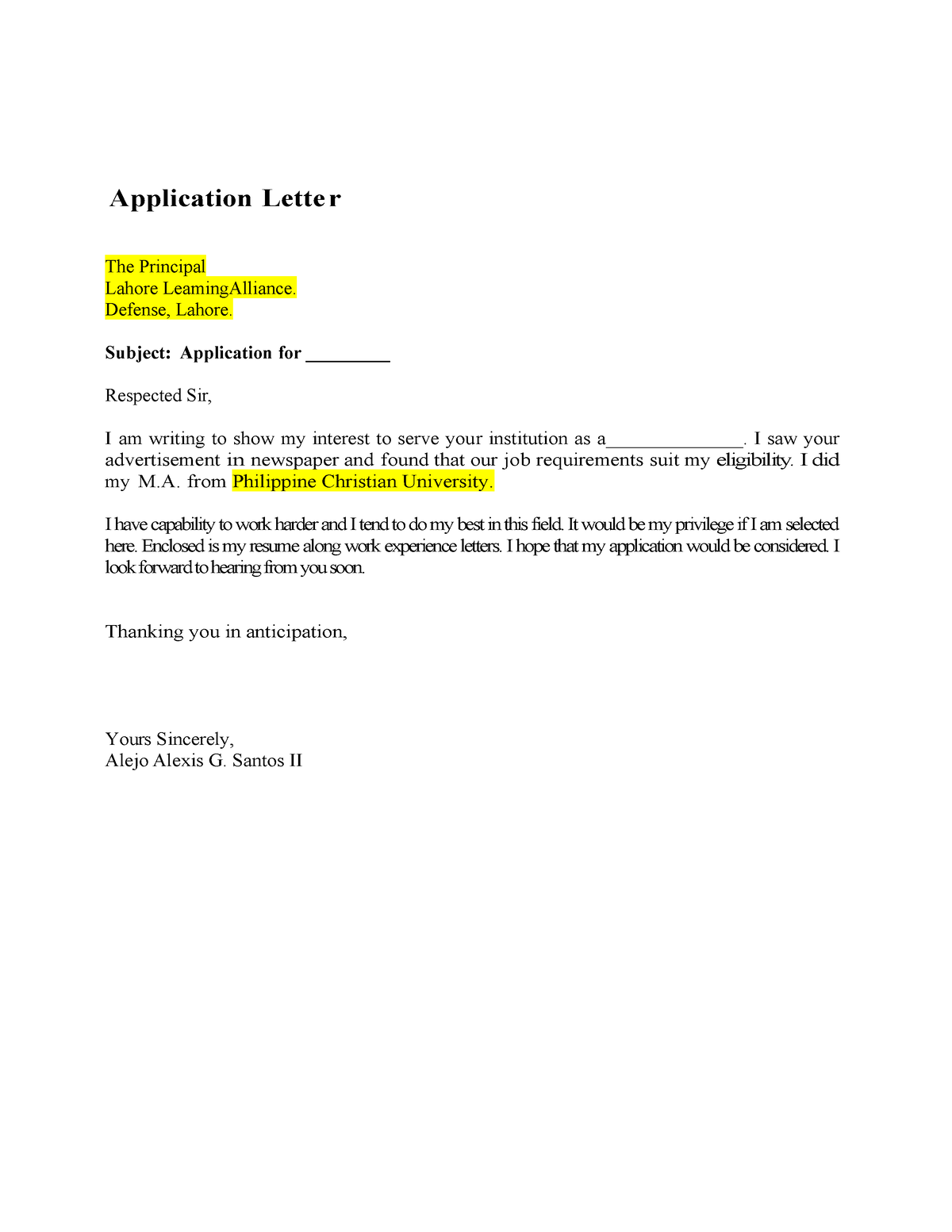 Short Job Application Letter For Teacher - Application Letter The