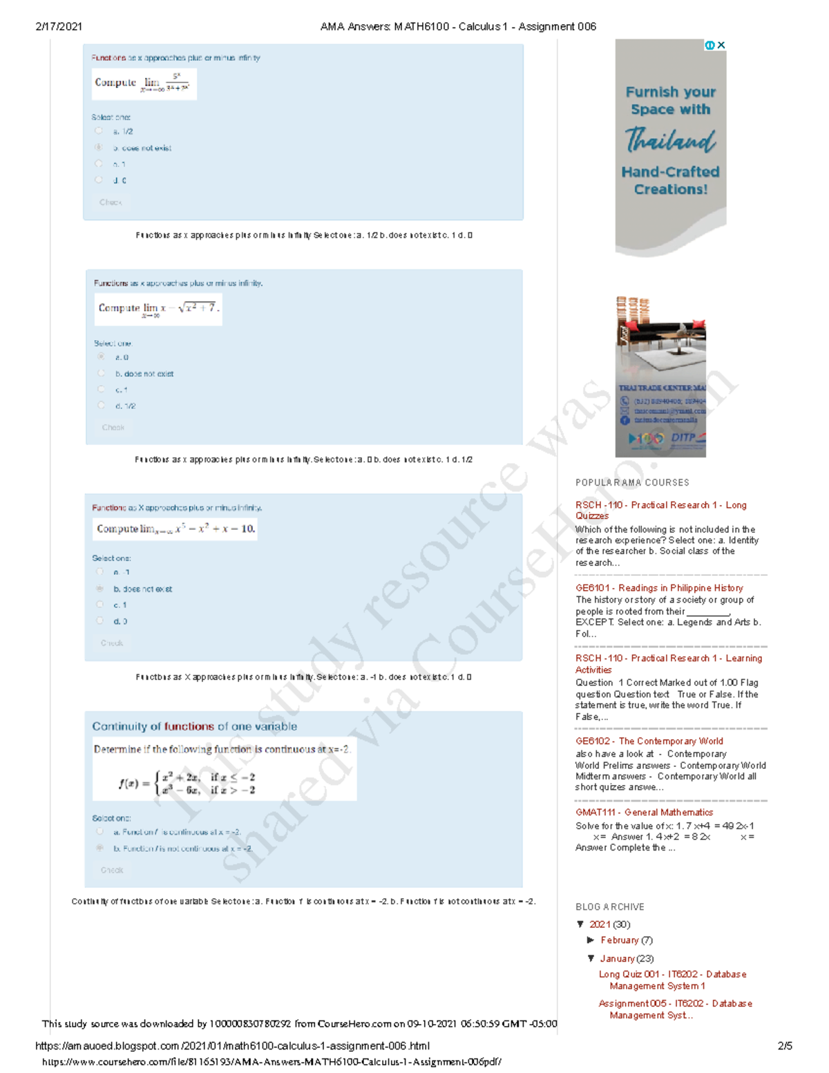 AMA Answers MATH6100 Calculus 1 Assignment 006 Mathematics in the
