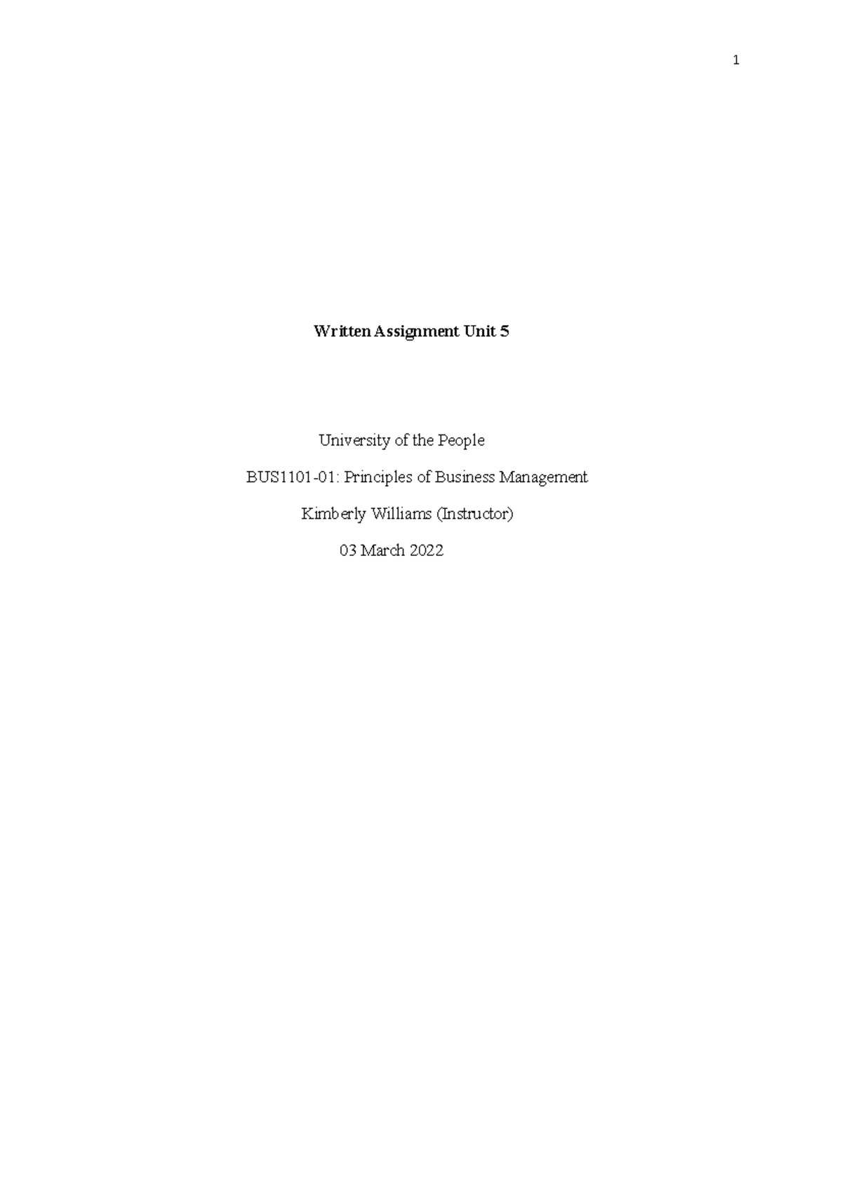 Written Assignment Unit 5 BUS 1101-01 - Written Assignment Unit 5 ...