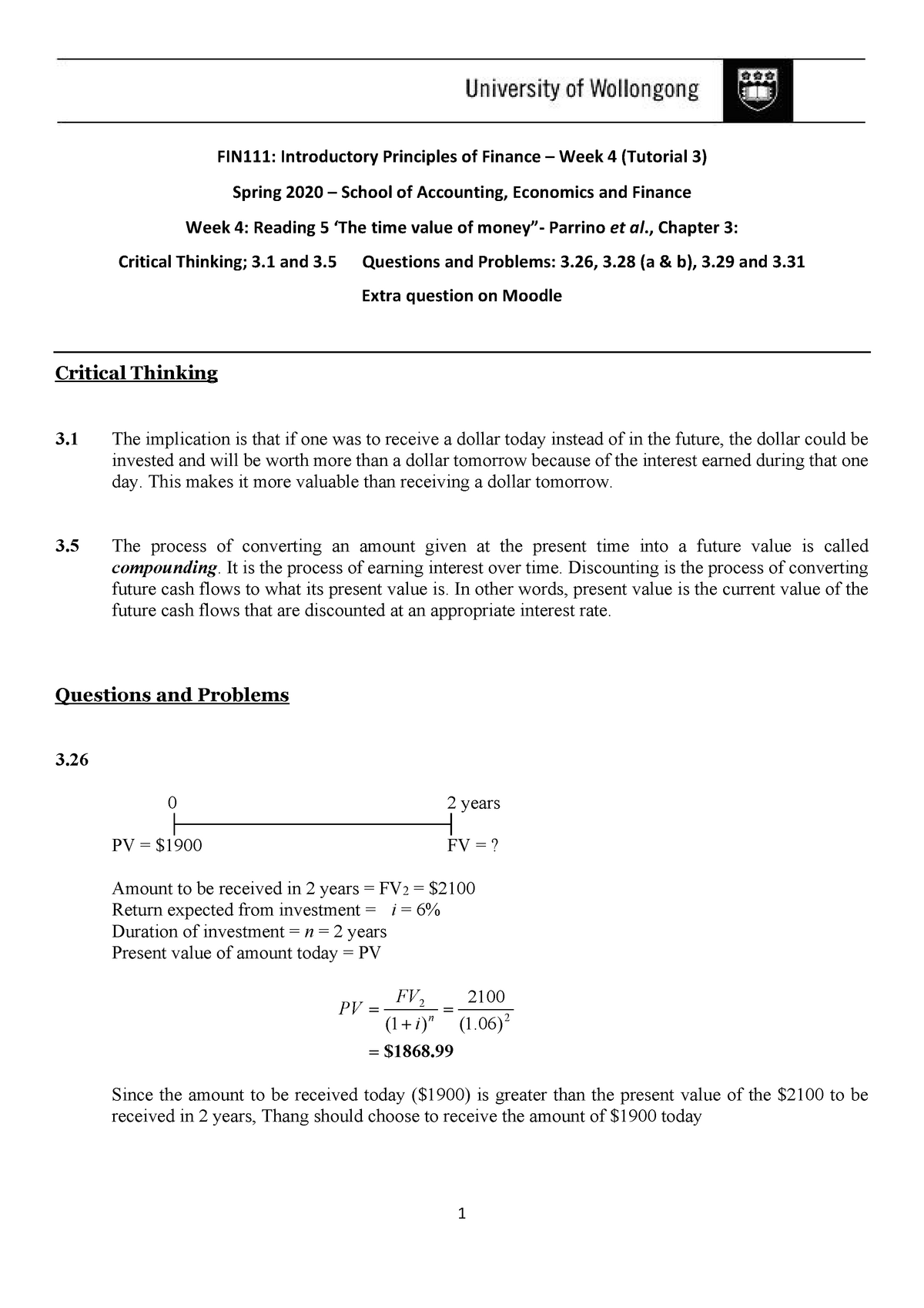 FIN111 Tutorial Solution Week4 20S - 1 FIN111: Introductory Principles ...