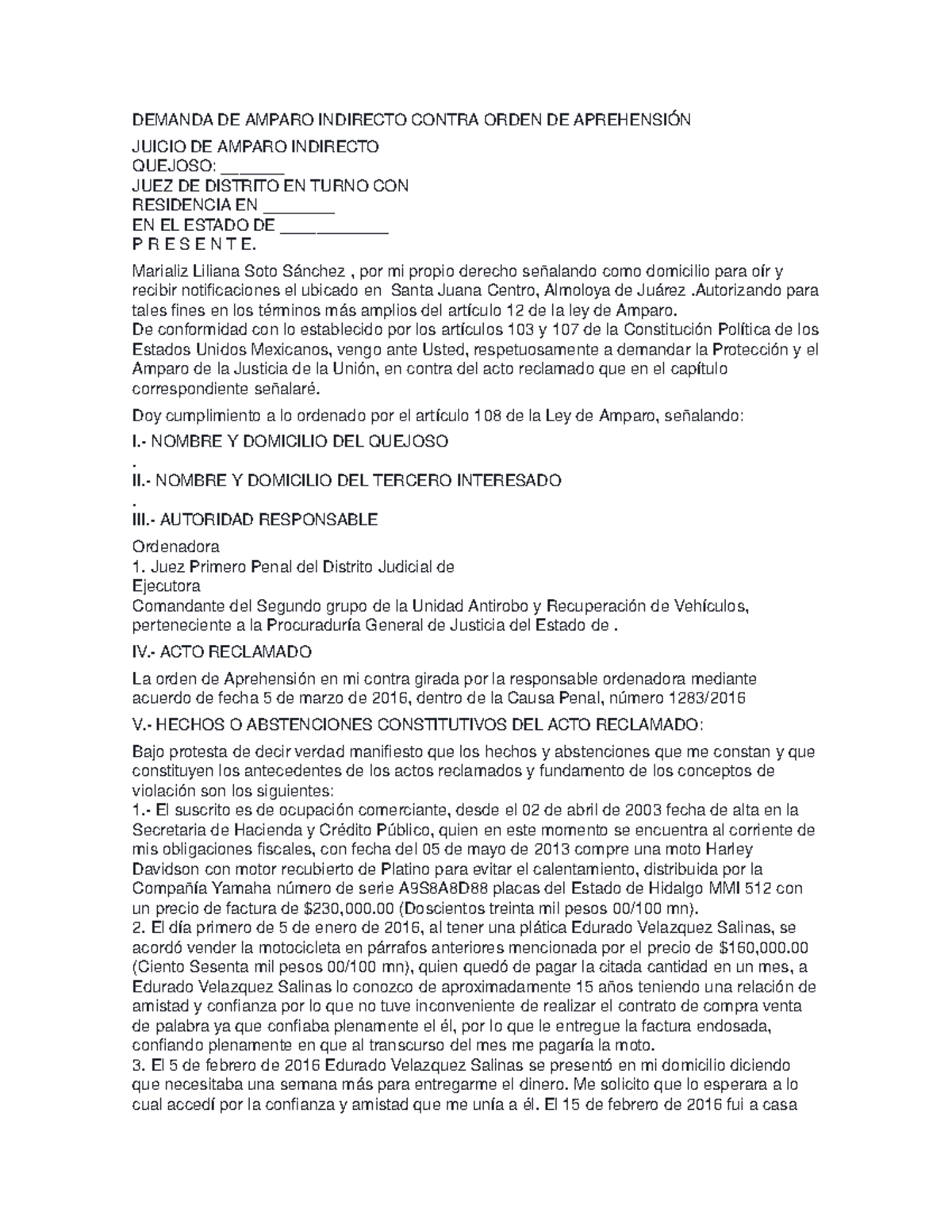 Demanda DE Amparo Indirecto Contra Orden DE Aprehensión - DEMANDA DE ...