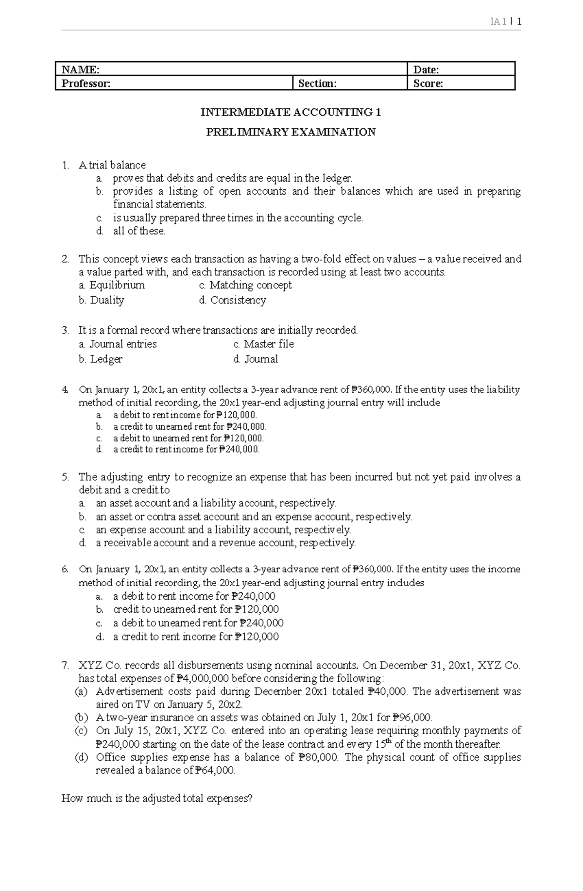 Prlim EXAM IA 1 - wew - NAME: Date: Professor: Section: Score ...