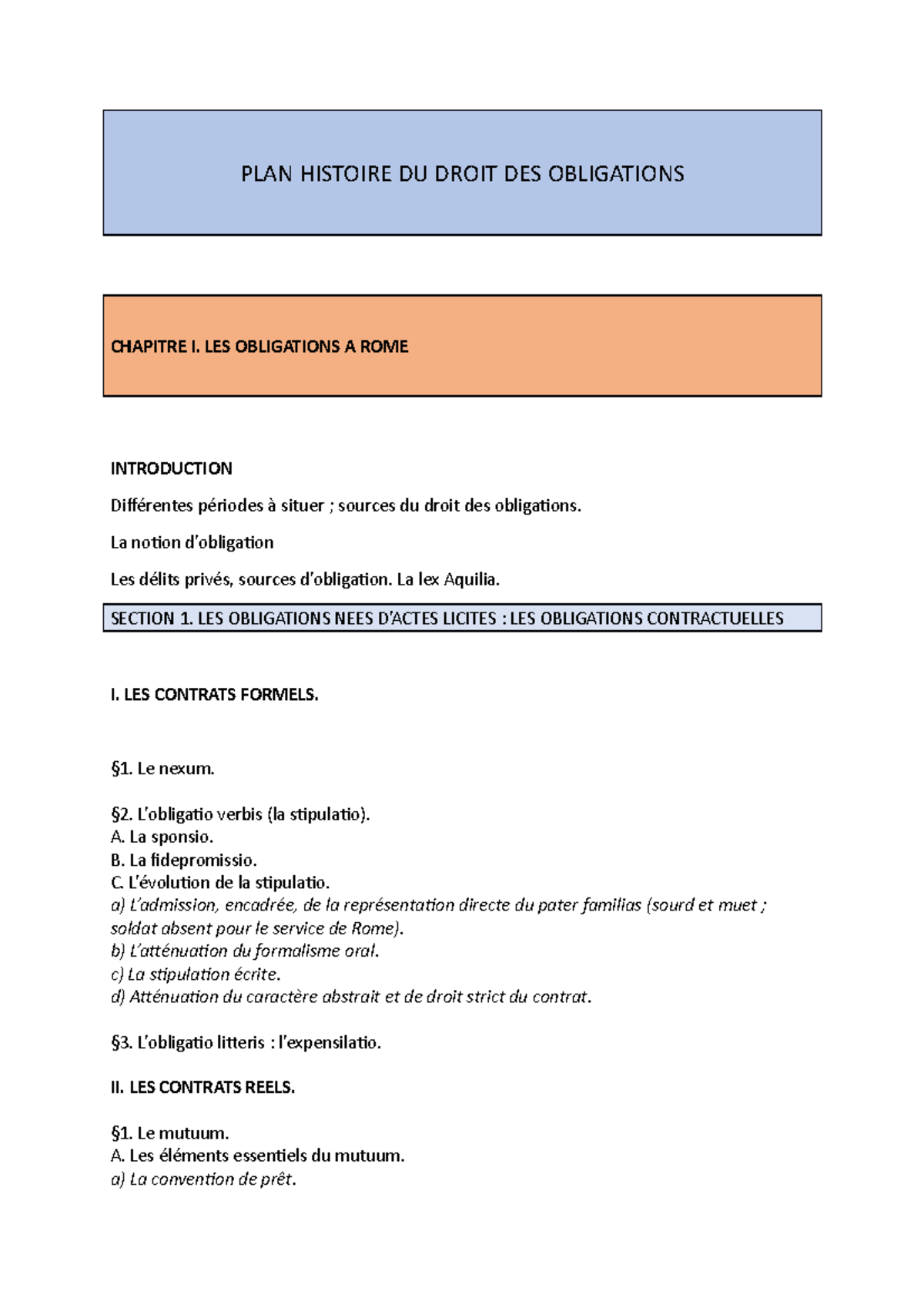 PLAN Histoire DU Droit DES Obligations - PLAN HISTOIRE DU DROIT DES ...