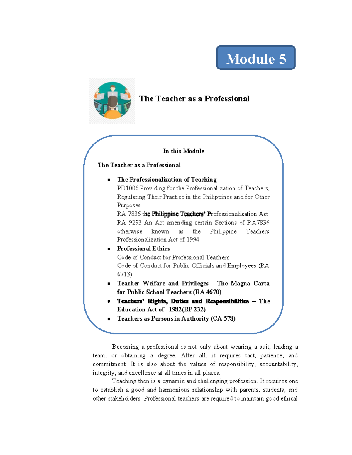 Module 5 1 2 - JTFD - The Teacher As A Professional Becoming A ...