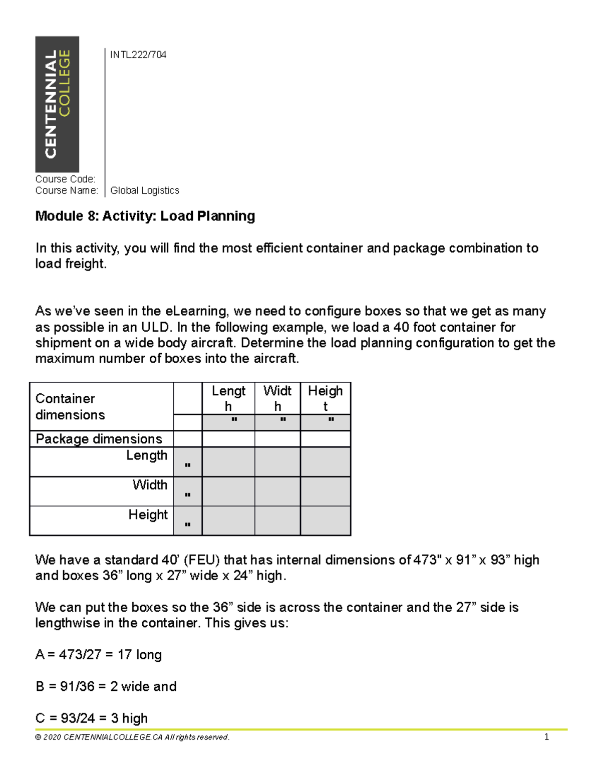 INTL704-Mod-08-Activity Load Plan - Course Code: INTL222/ Course Name ...