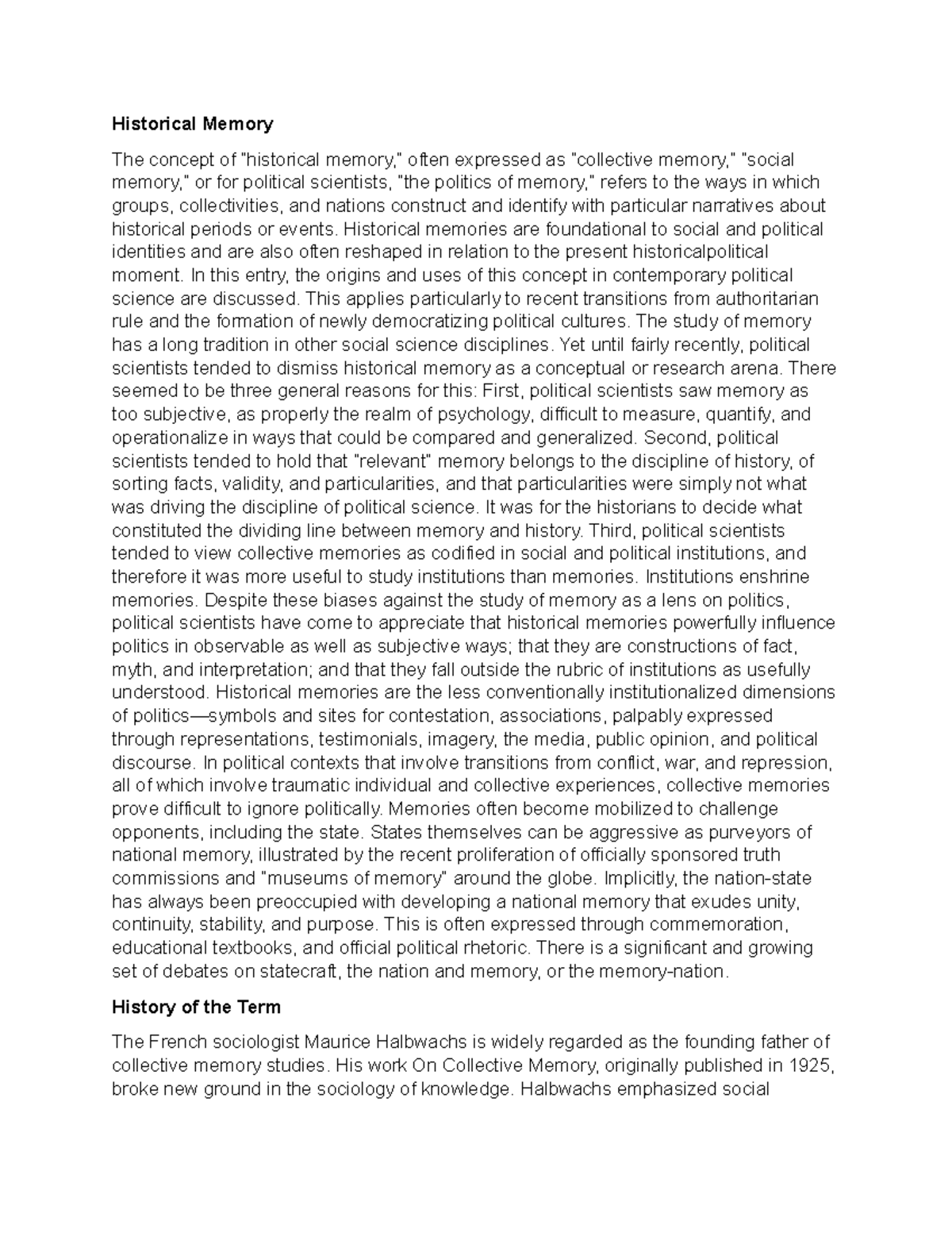Historical Memory - Historical Memory The concept of “historical memory ...