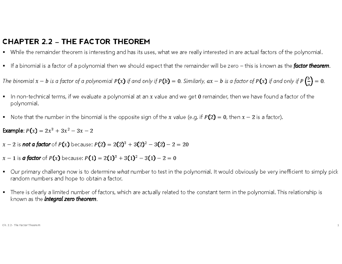 MHF4U - Ch. 2.2 - Factor Theorem - Ch. 2 ‐ The Factor Theorem 1 CHAPTER ...