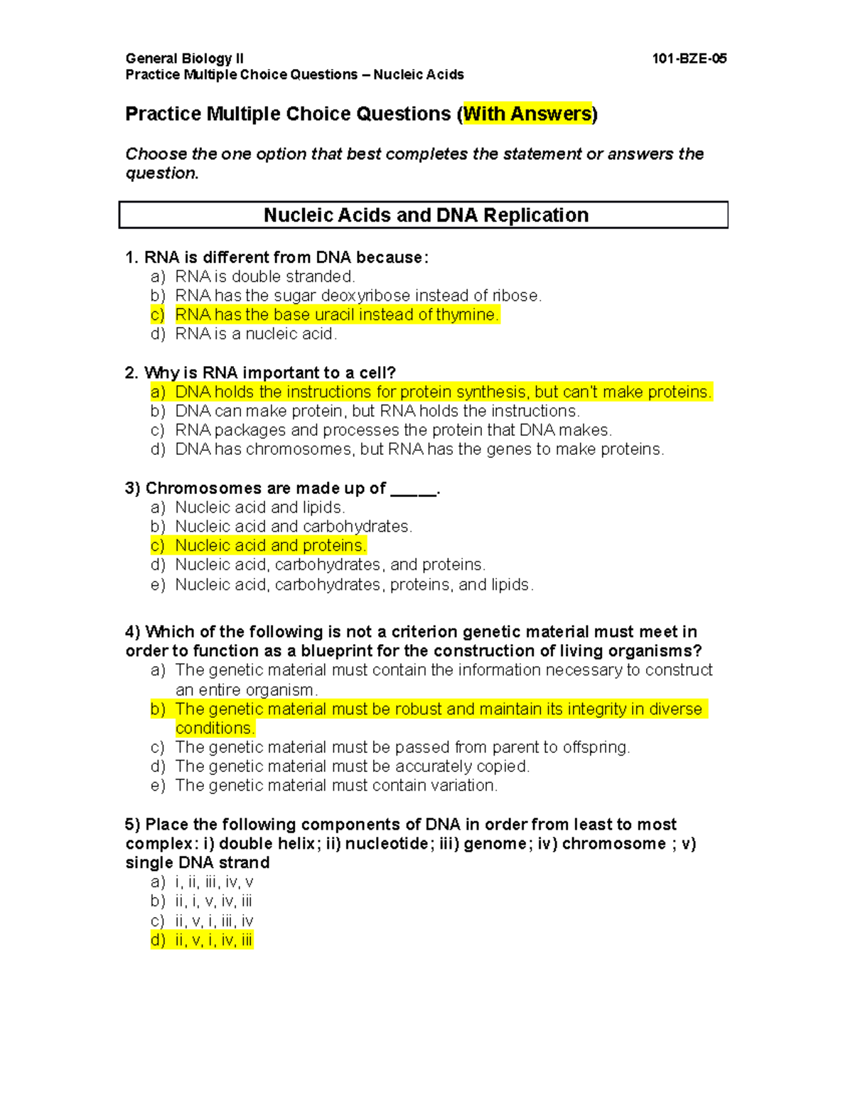 Bio BZE Review Questions Nucleic Acids Answers Practice Multiple