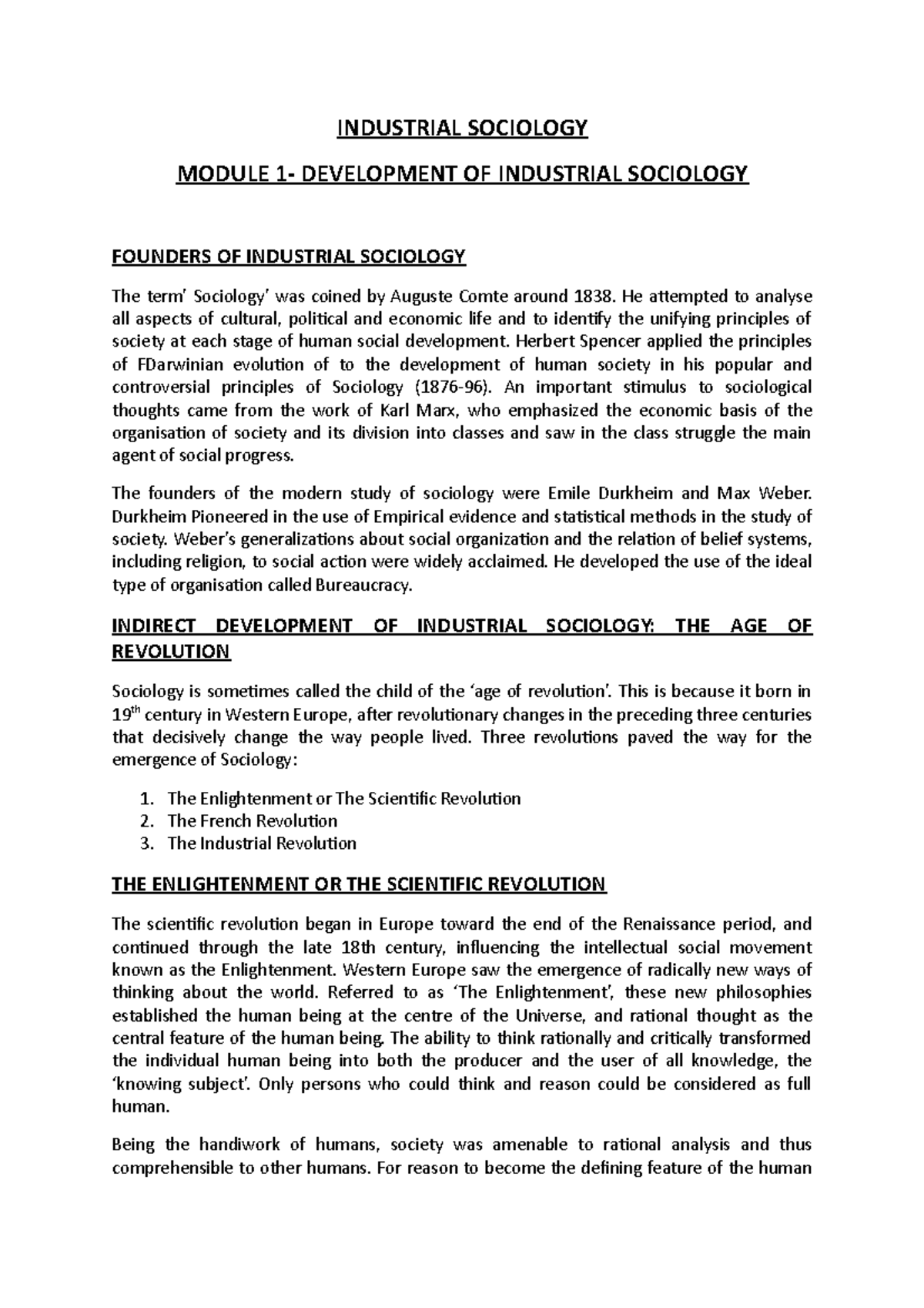 Development Of Industrial Sociology INDUSTRIAL SOCIOLOGY MODULE 1 