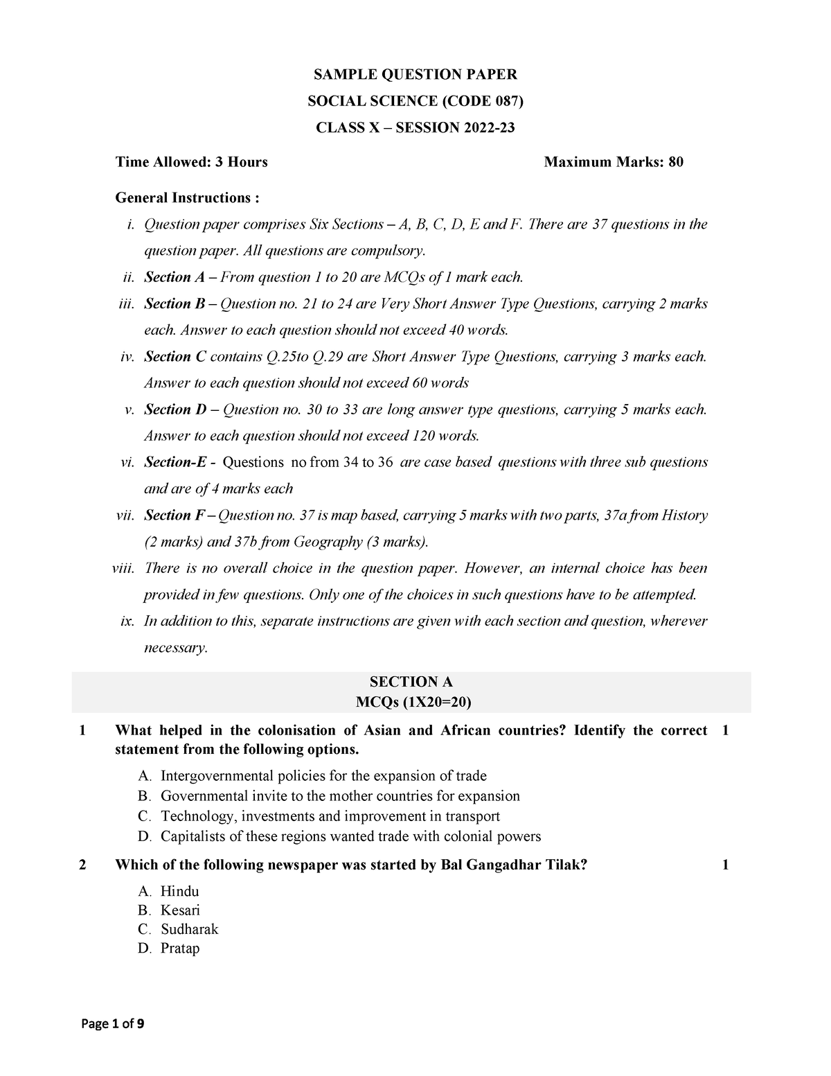 Sst Sqp - SAMPLE QUESTION PAPER SOCIAL SCIENCE (CODE 087) CLASS X ...