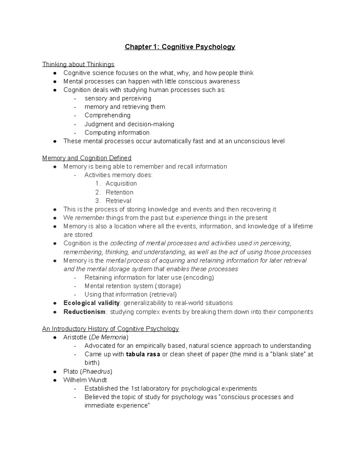 Chapter 1 & 2 - Cognition - Chapter 1: Cognitive Psychology Thinking ...