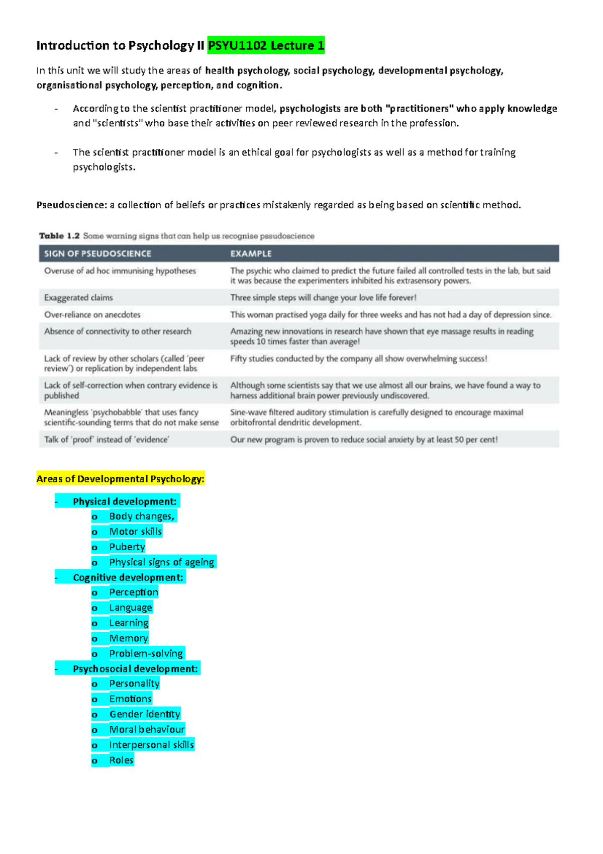 Lecture 1 Notes for Introduction to Psychology II PSYU1102 ...