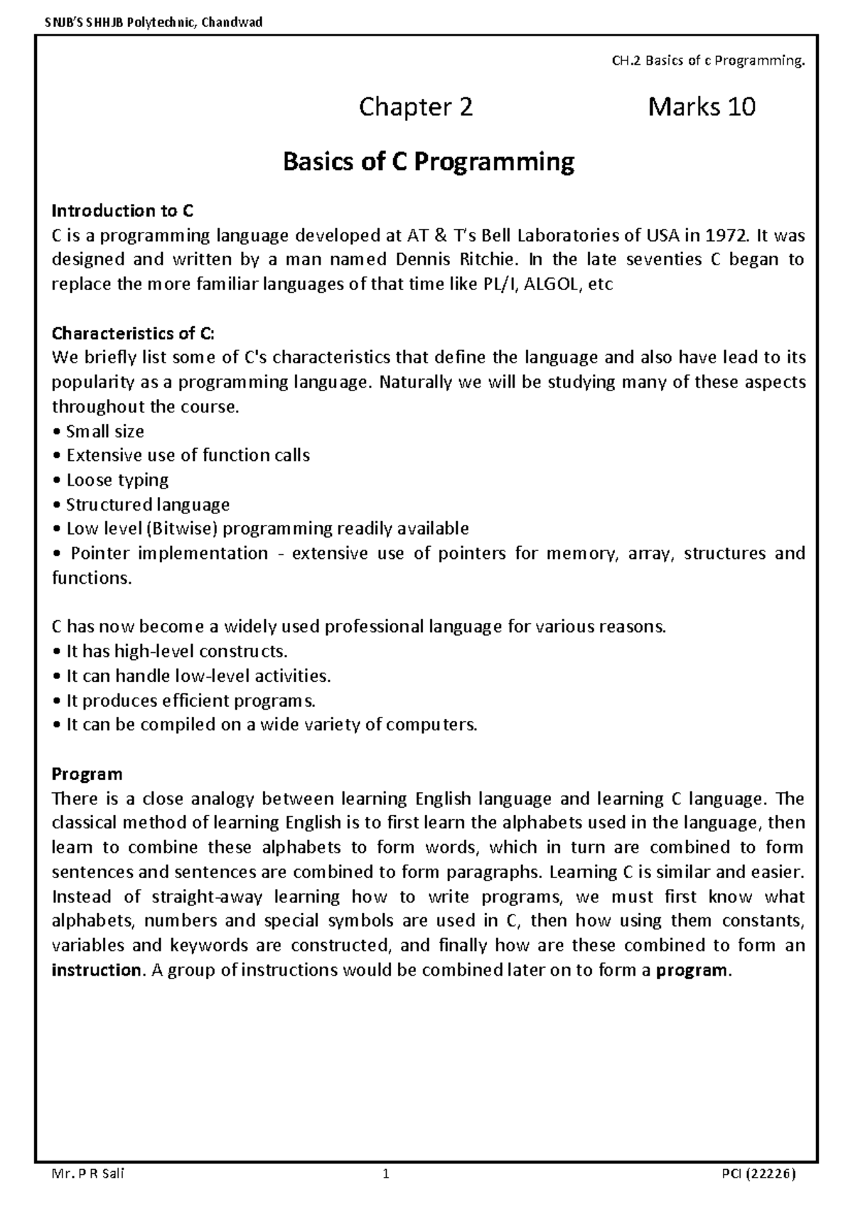 Unit2 c - ngfx - CH Basics of c Programming. Chapter 2 Marks 10 Basics ...