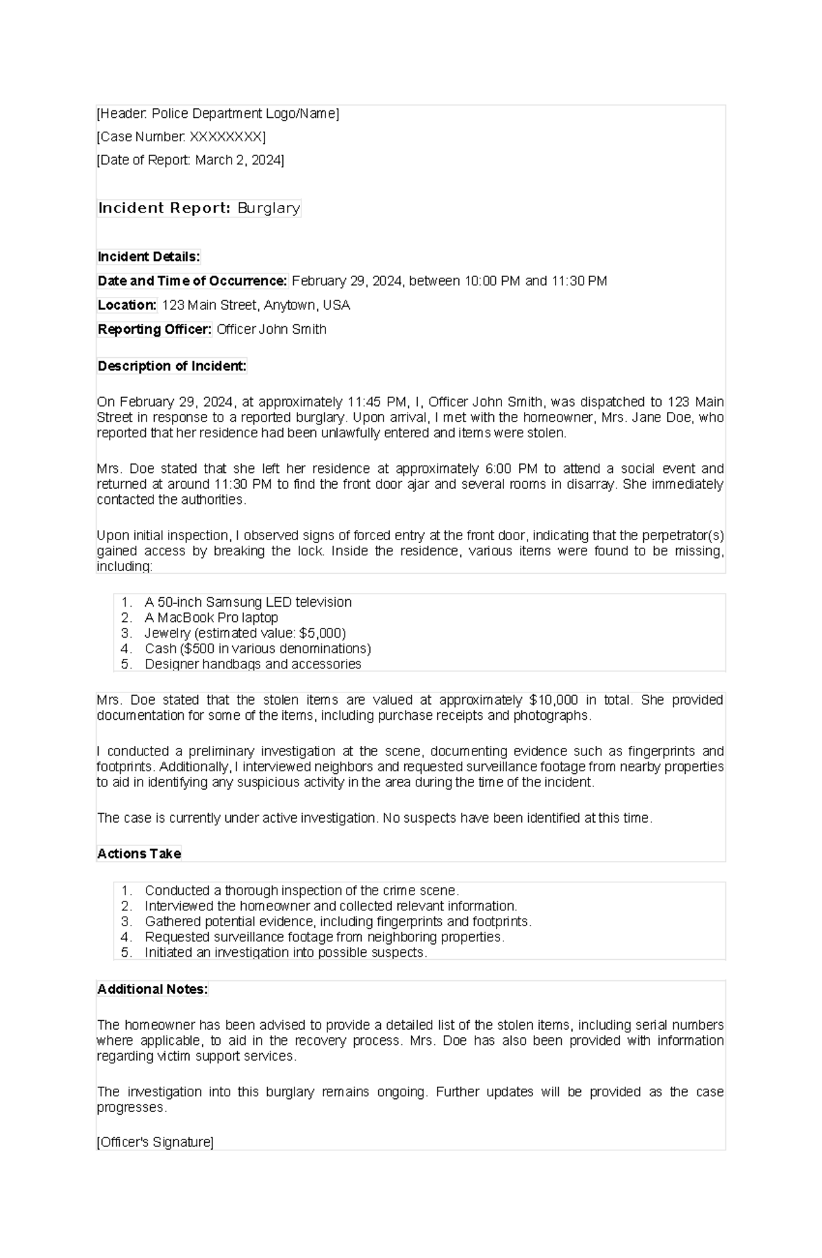 Sample - Burglary - Police Report - [Header: Police Department Logo ...