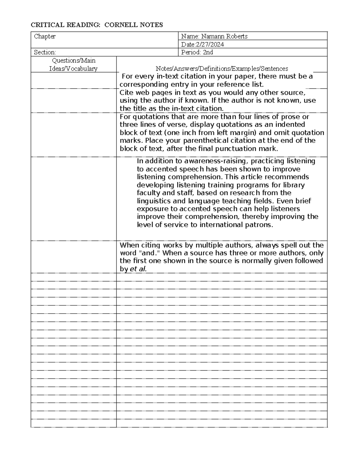 227 - idk - CRITICAL READING: CORNELL NOTES Chapter Name: Namann ...