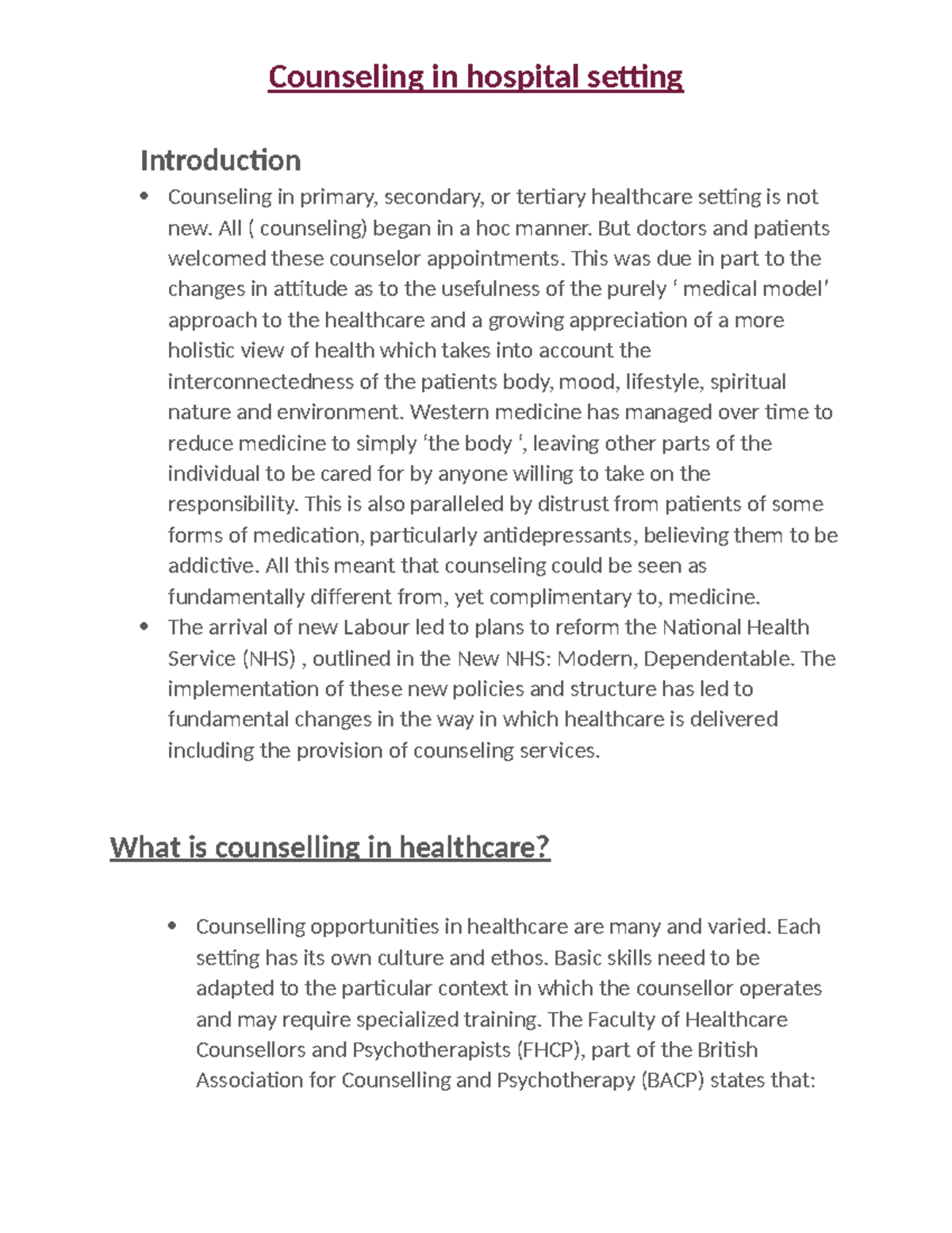 Hospital setting - Counseling in hospital setting Introduction ...
