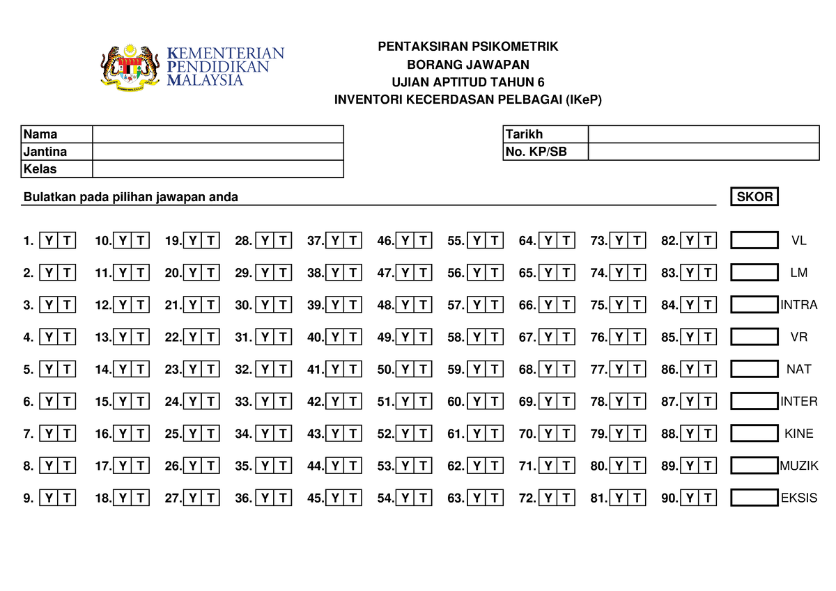 Borang Jawapan Ike P 2019 2 Bulatkan Pada Pilihan Jawapan Anda Skor Y