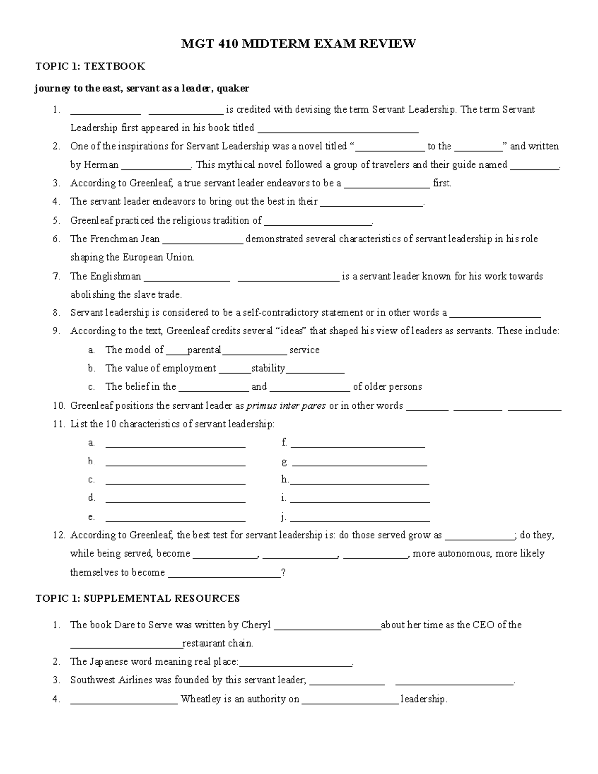 Mgt-410 Midterm Review - Mgt 410 Midterm Exam Review Topic 1: Textbook 