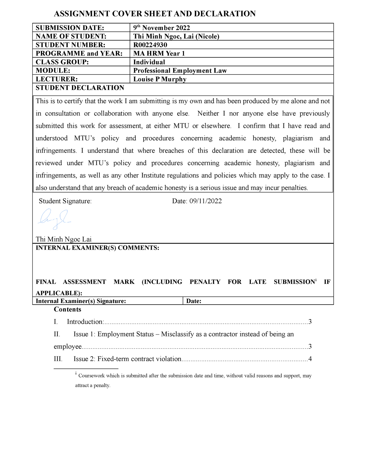 employment law assignment 1