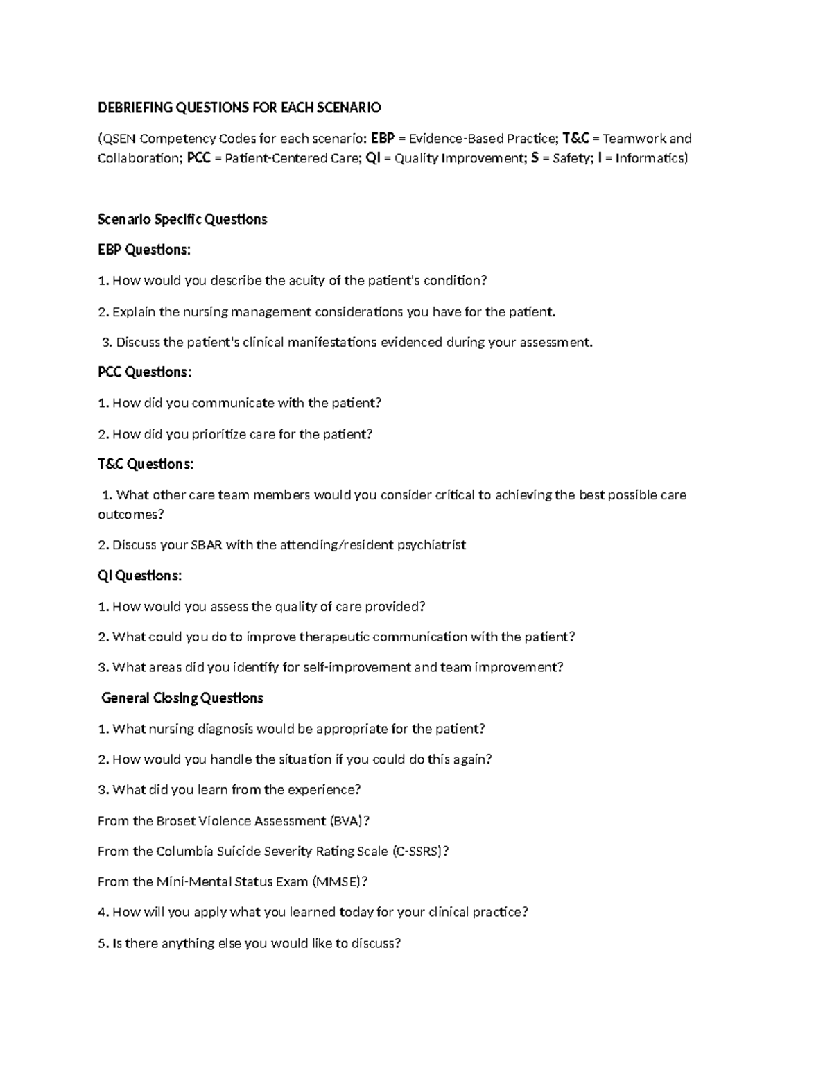 Deferbfing - DEBRIEFING QUESTIONS FOR EACH SCENARIO (QSEN Competency ...
