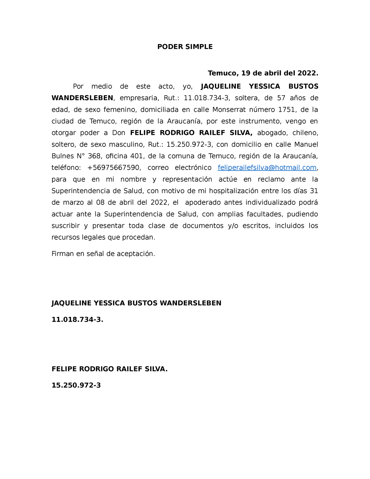 Poder Simple Modelo Poder Simple Temuco 19 De Abril Del 2022 Por Medio De Este Acto Yo 8517