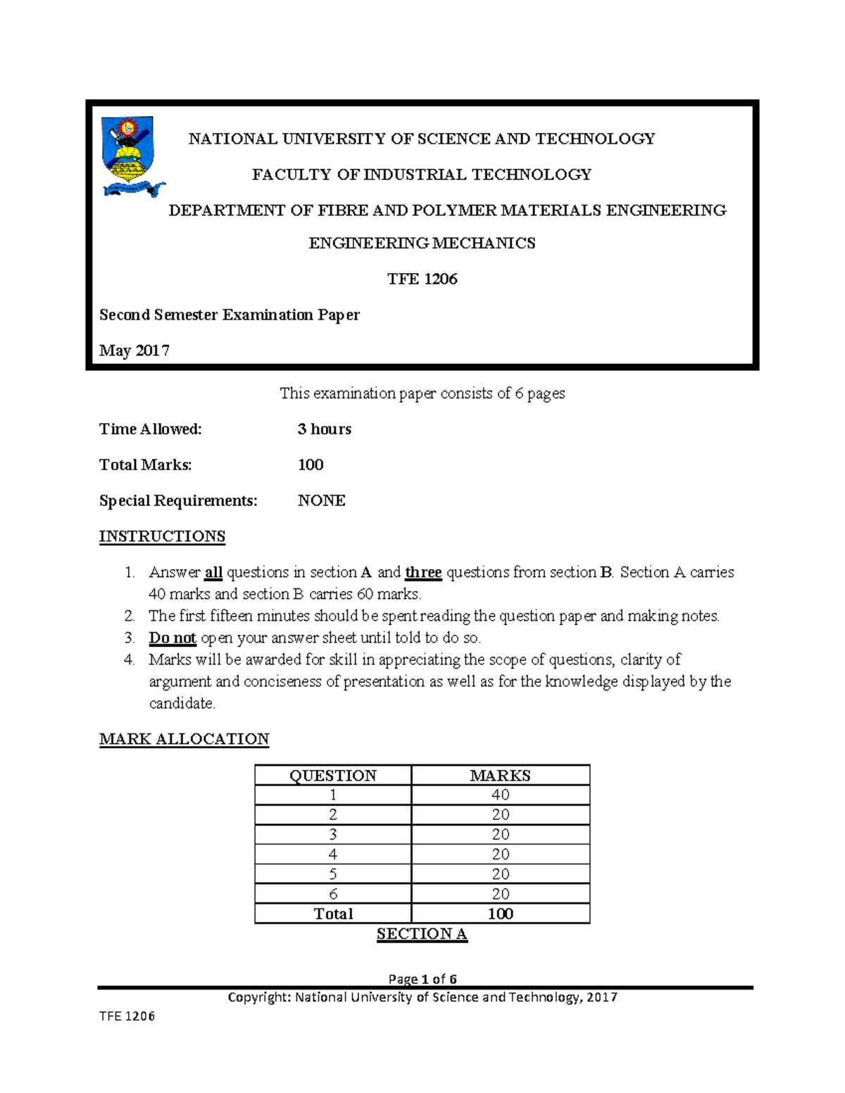 Exam 10 2017, questions - NATIONAL UNIVERSITY OF SCIENCE AND TECHNOLOGY ...