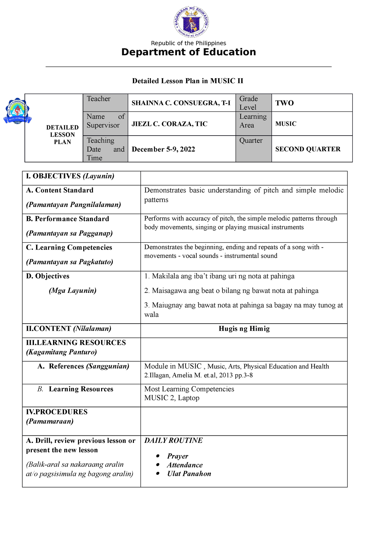 Music 2 DLP WEEK5 - Department Of Education Detailed Lesson Plan In ...