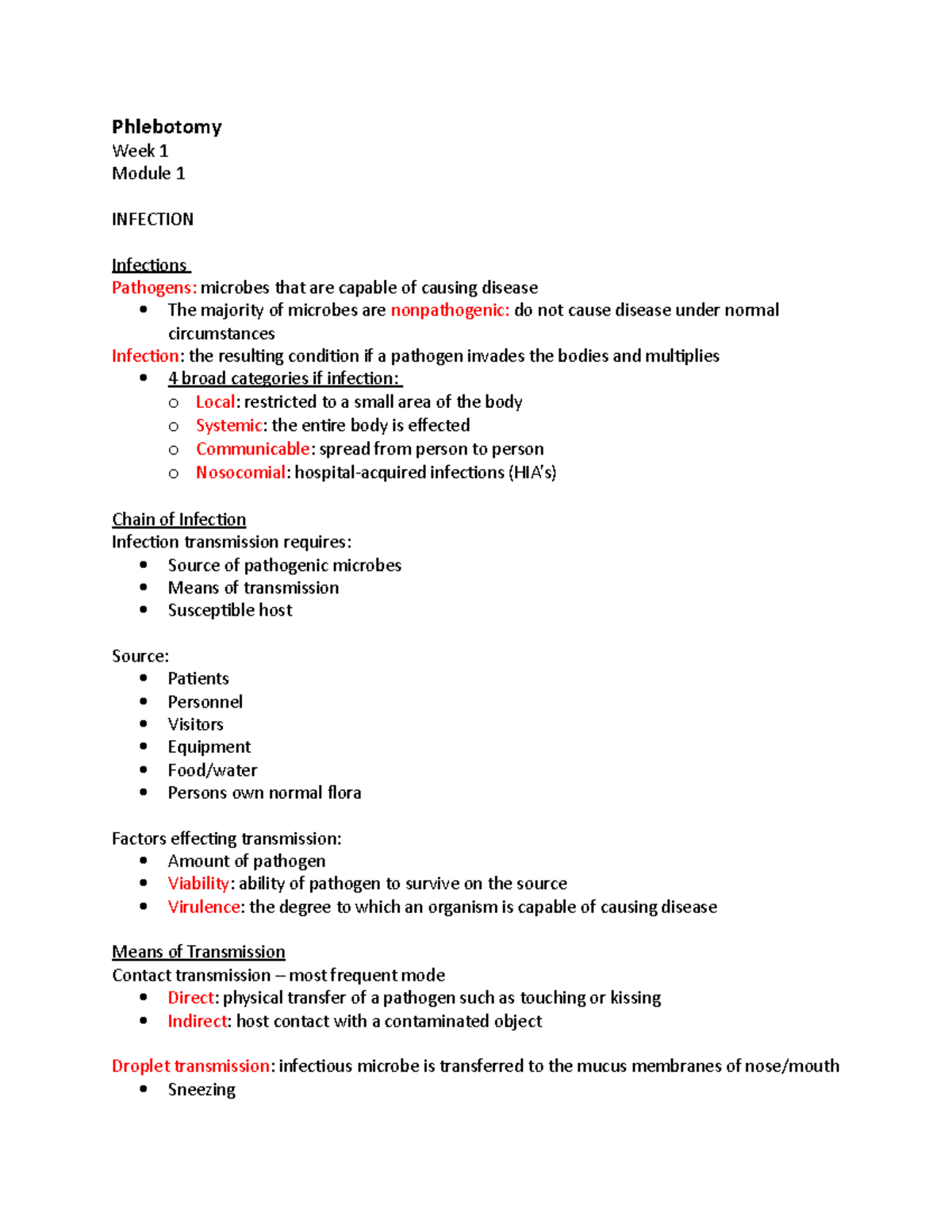 Module 1 - infection control - Phlebotomy Week 1 Module 1 INFECTION ...