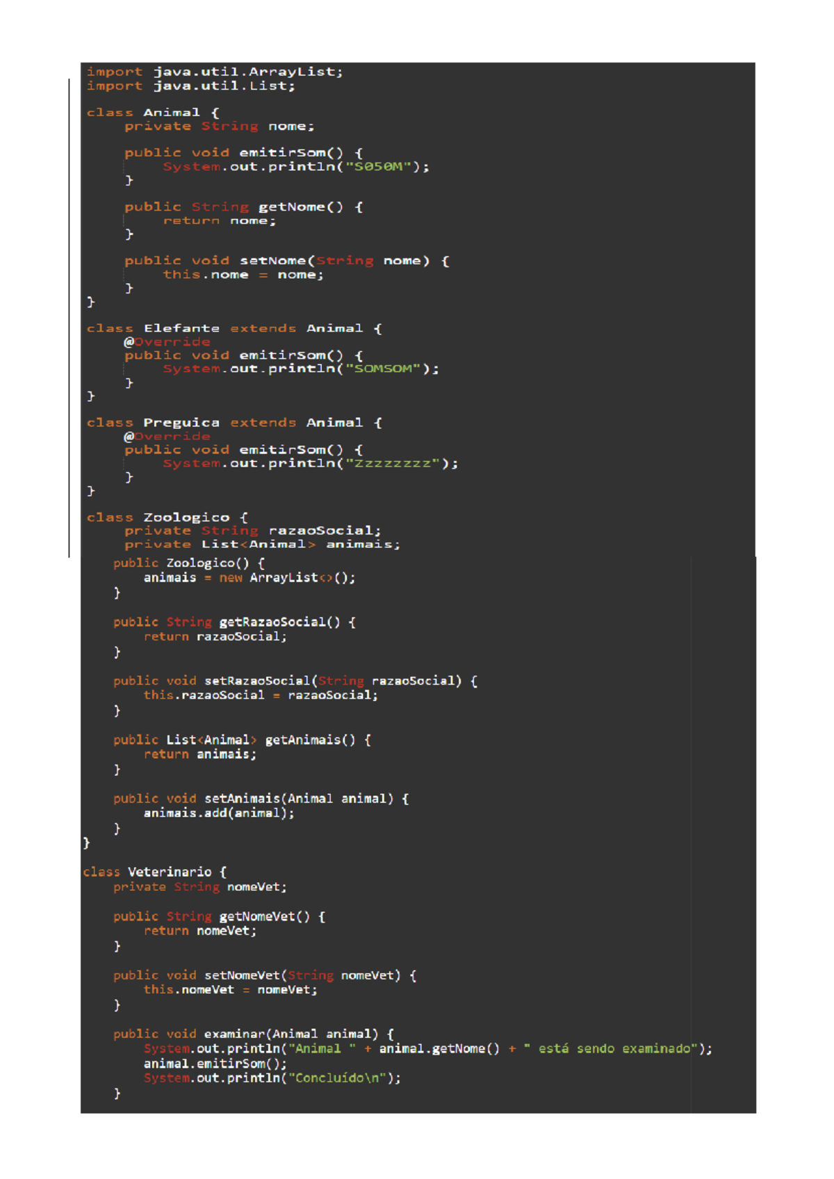 Atividade em Java - import import class Animal private String public ...