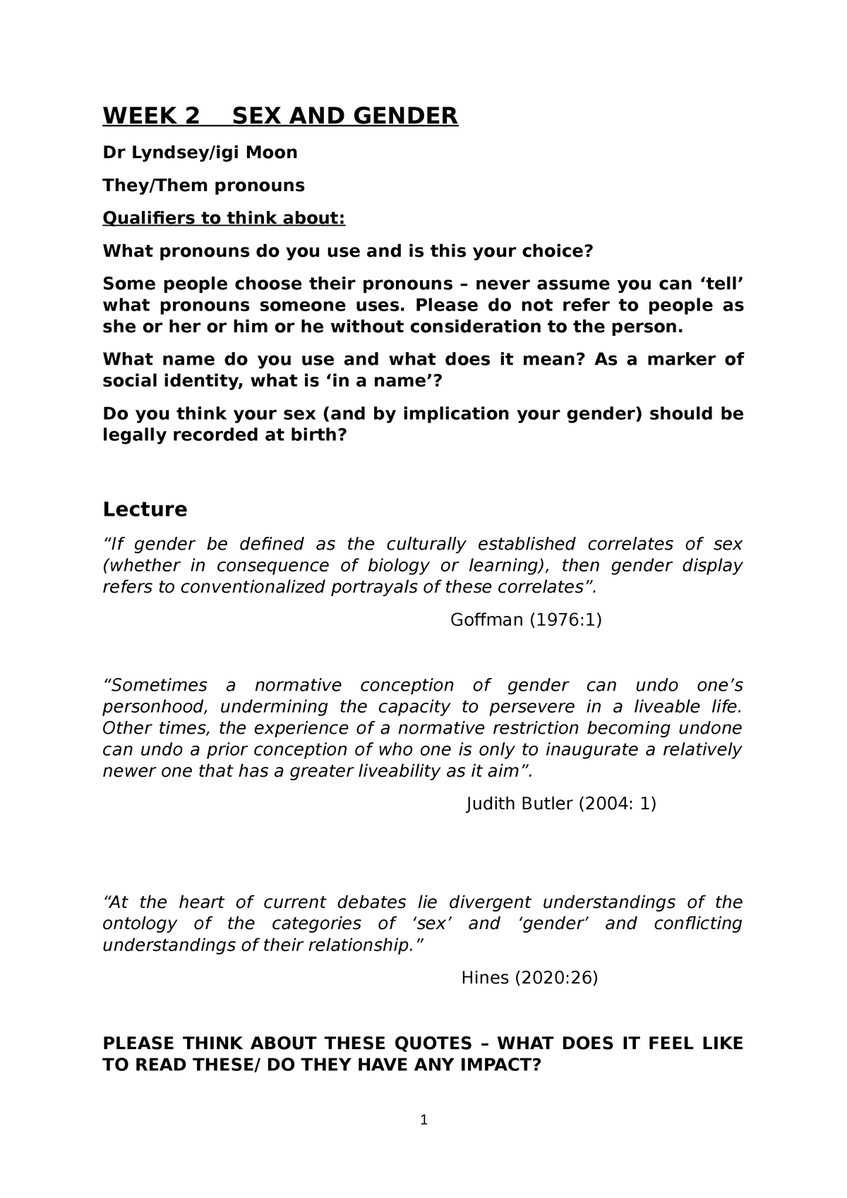 Sex And Gender Lecture Week 2 Sex And Gender Dr Lyndseyigi Moon Theythem Pronouns Qualiiers 2693