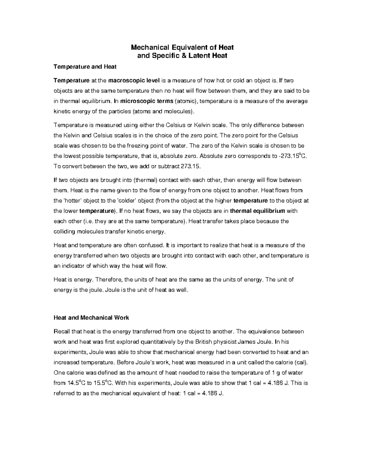 AP Physics 2 Unit 1 Study Sheet - Mechanical Equivalent of Heat and ...