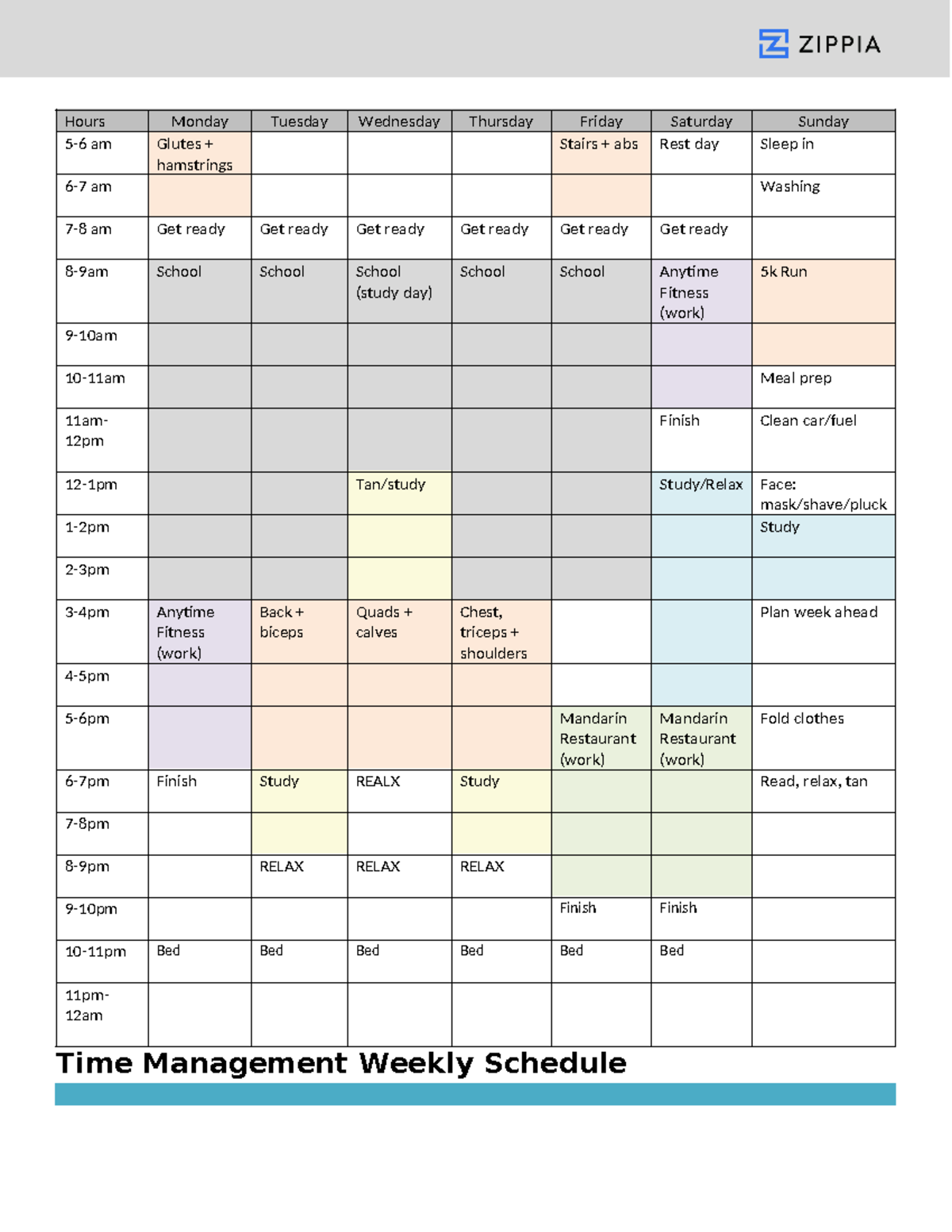 Weekly-schedule-template-zippia - Hours Monday Tuesday Wednesday ...