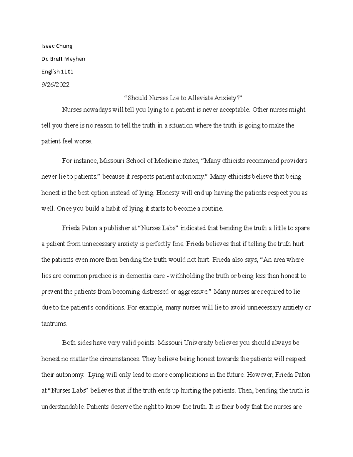 Opposing Argument Essay - Isaac Chung Dr. Brett Mayhan English 1101 9 ...