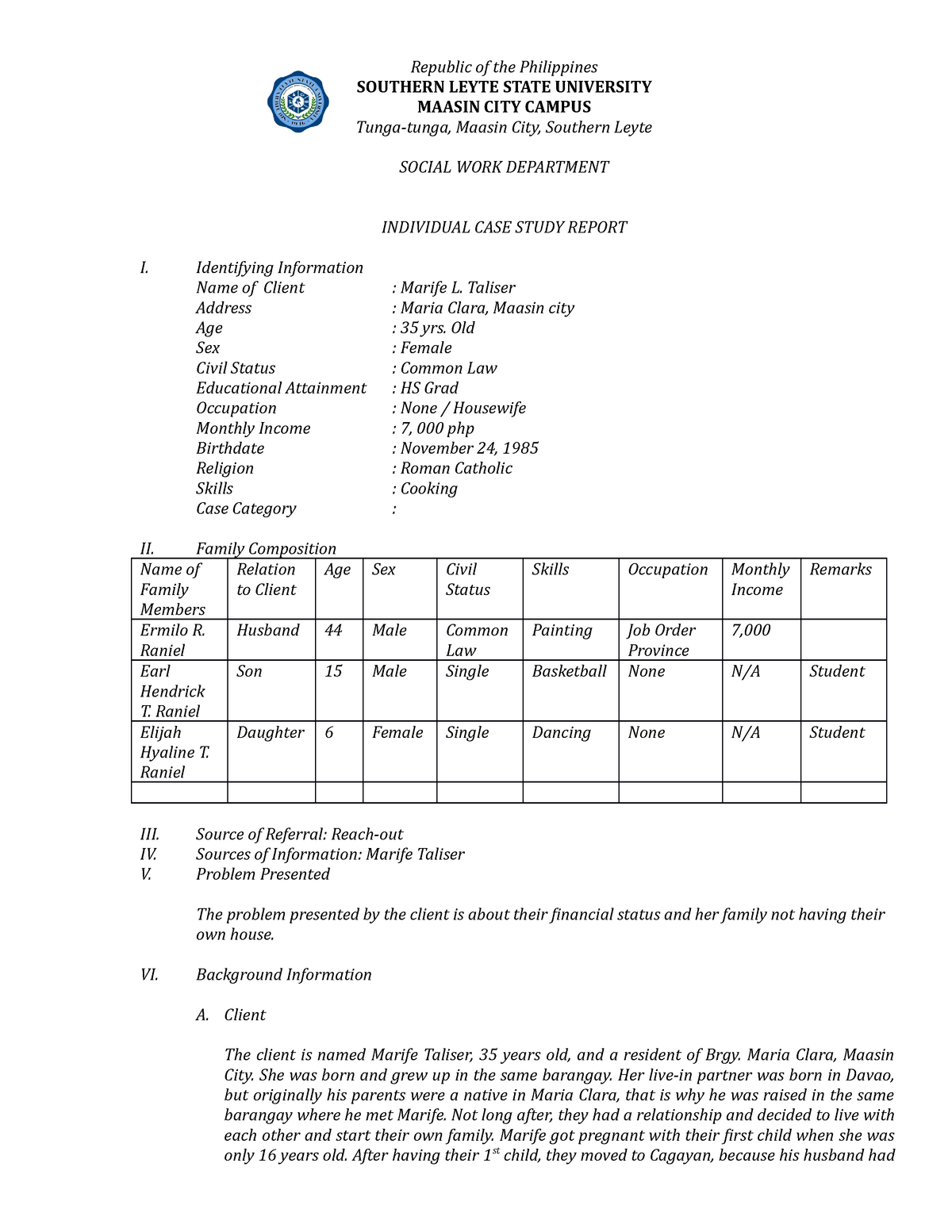 Sample Social Case Study Report For Cicl