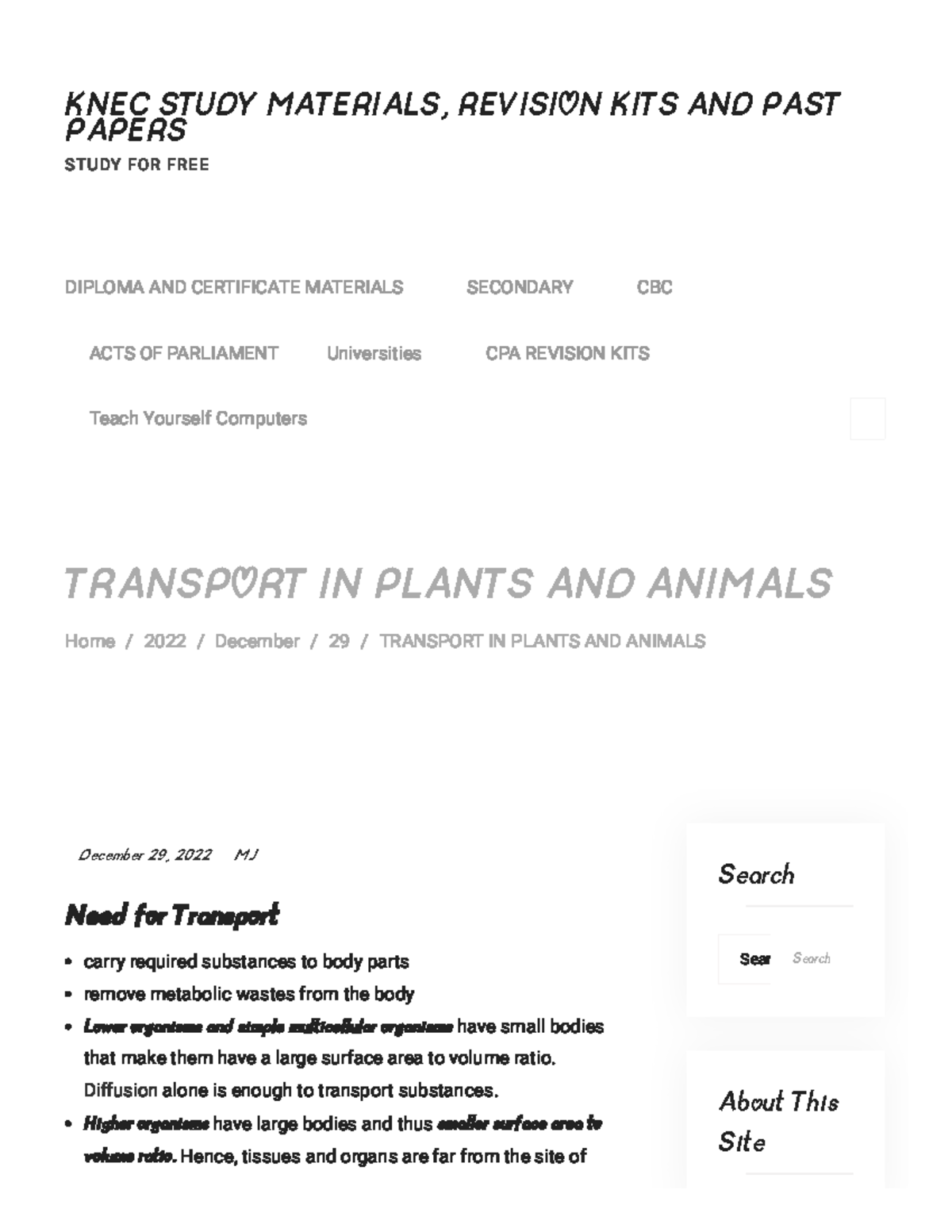 Transport in plants and animals - KNEC STUDY MATERIALS, REVISION KITS ...