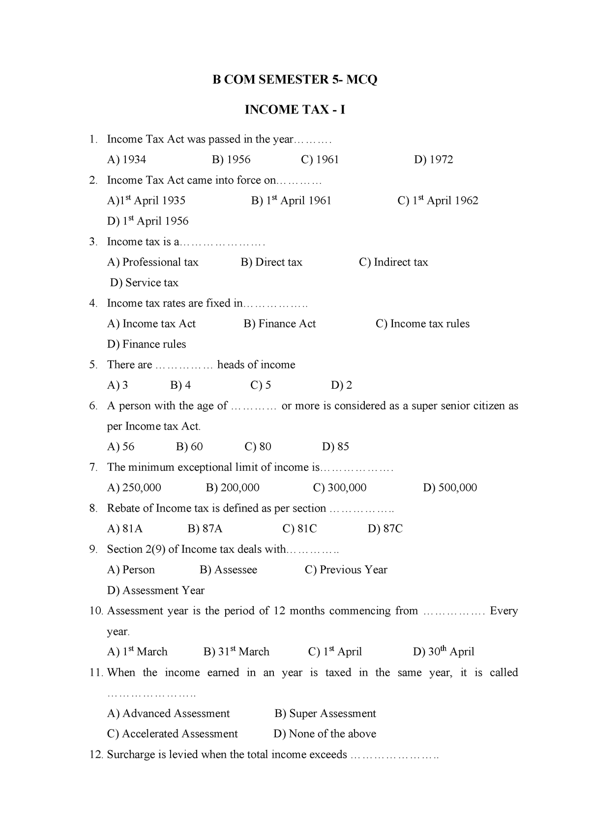 Income-TAX-MCQ - These Are Practice MCQ Questions For Tax Laws - B COM ...