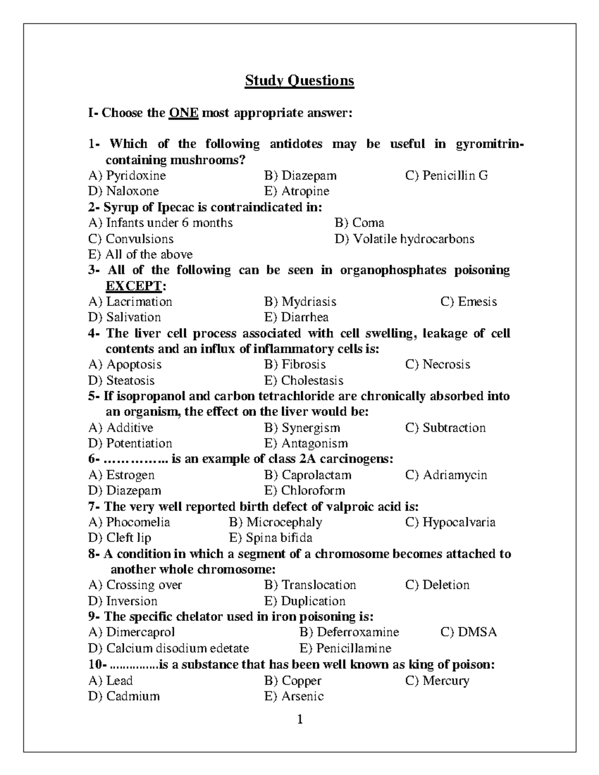 Final study questions - 1 Study Questions I- Choose the ONE most ...
