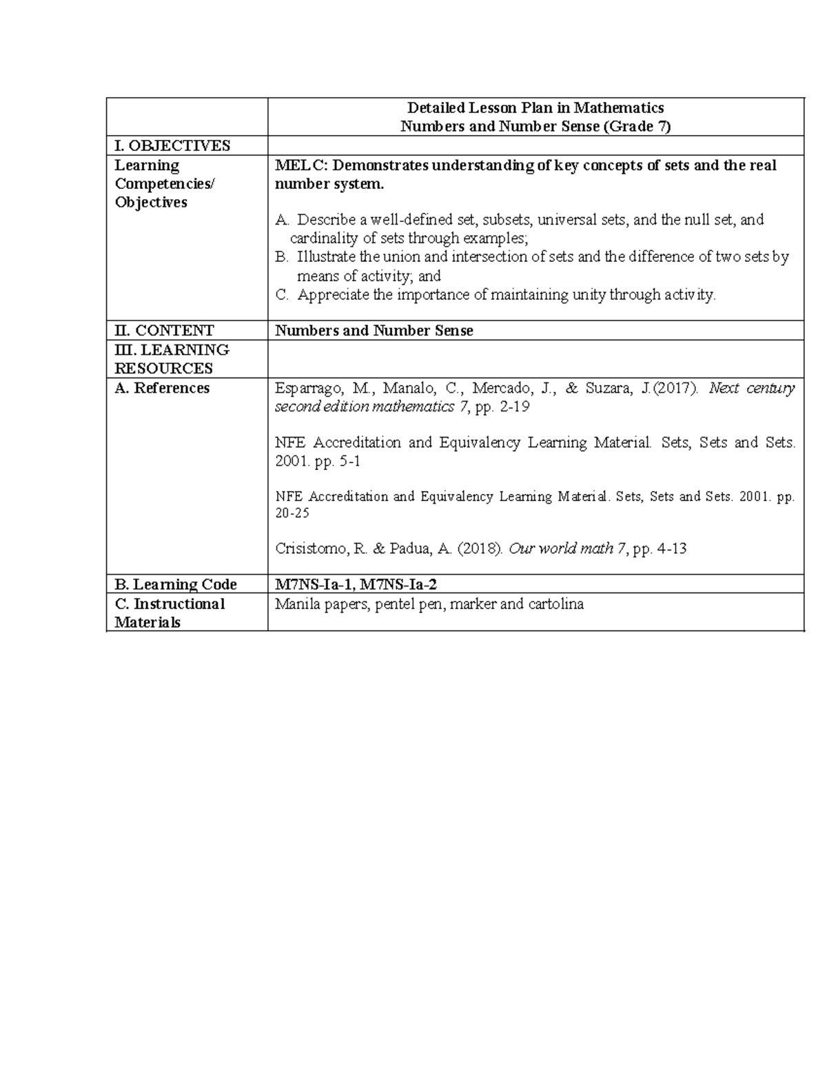 Melcs grade 7- sets - Detailed Lesson Plan in Mathematics Numbers and ...