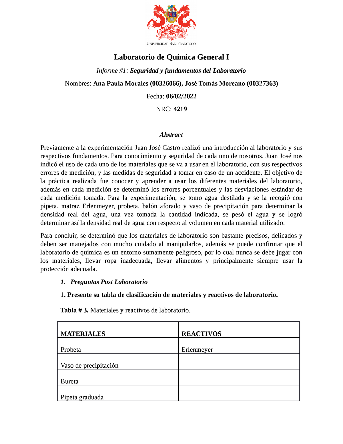 Informe 1 Qu Mica General - Laboratorio De Química General I Informe #1 ...