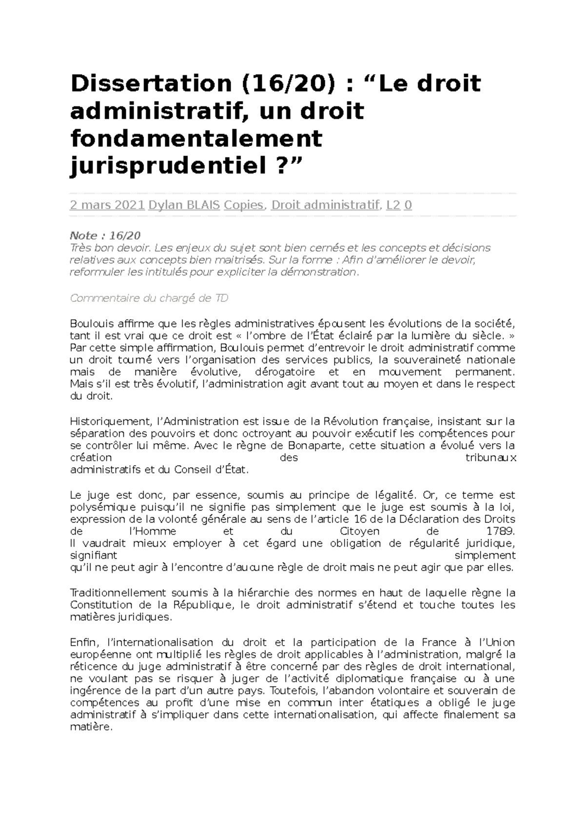 Principe De Légalité Droit Administratif Dissertation Pdf Dissertation le droit et l'administration-L1 droit constitutionnel -  Dissertation (16/20) : “Le - Studocu