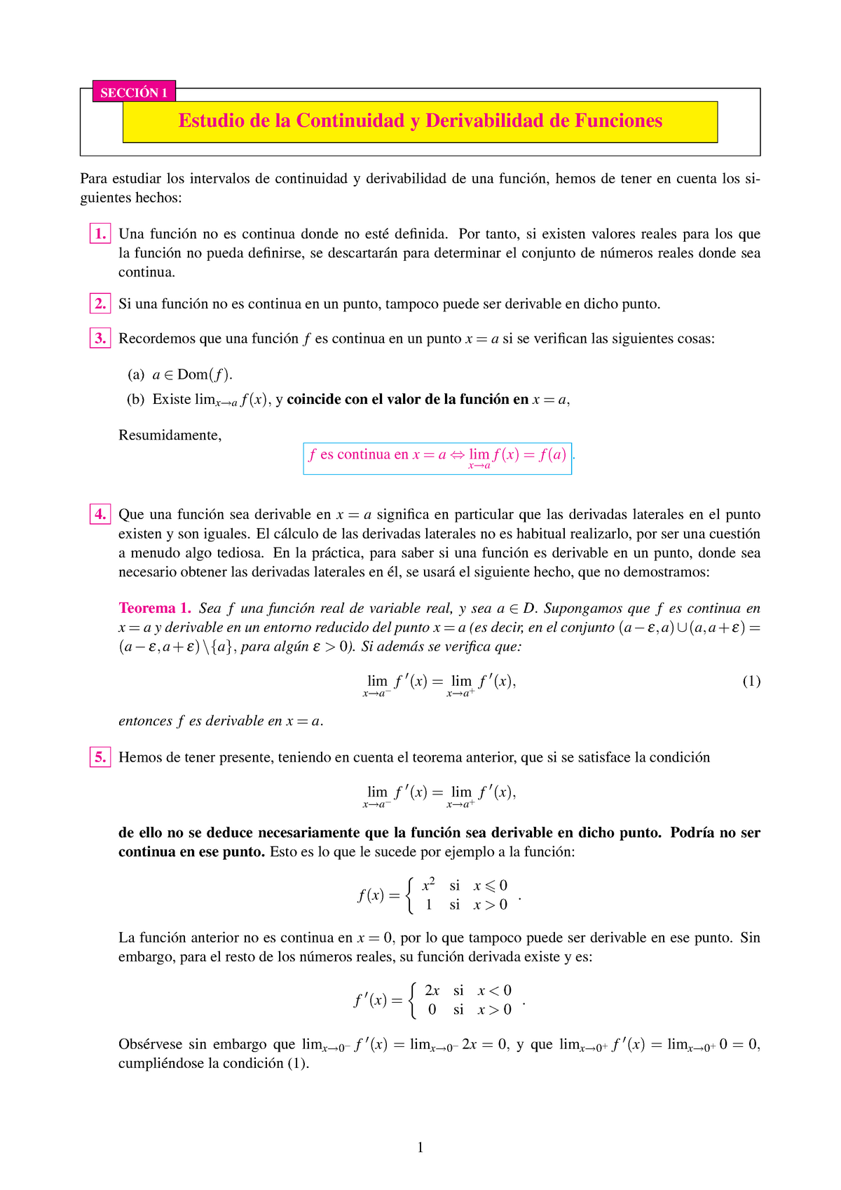 Esquema Continuidad Y Derivabilidad - SECCIÓN 1 Estudio De La ...