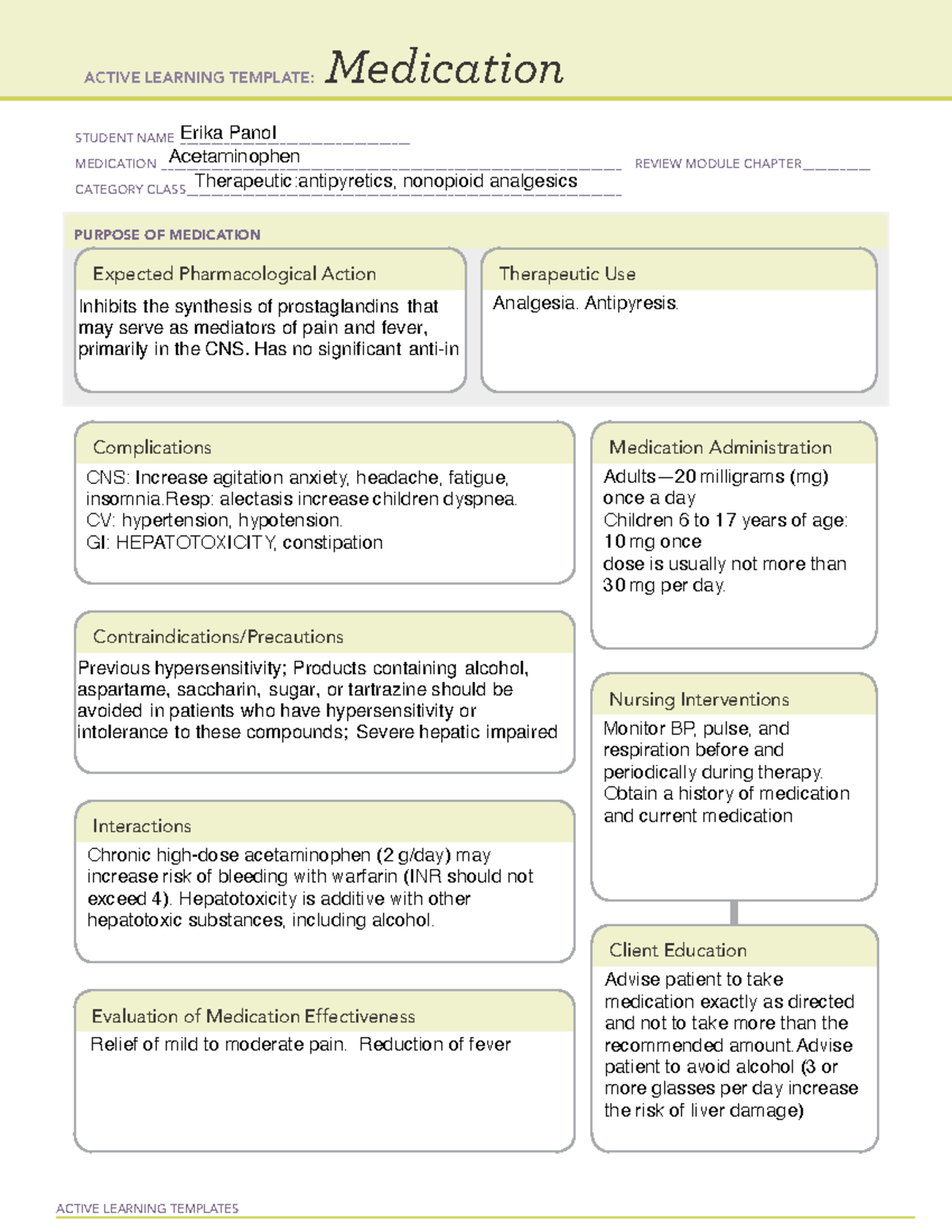 Acetaminophen templete for ati - ACTIVE LEARNING TEMPLATES Medication ...