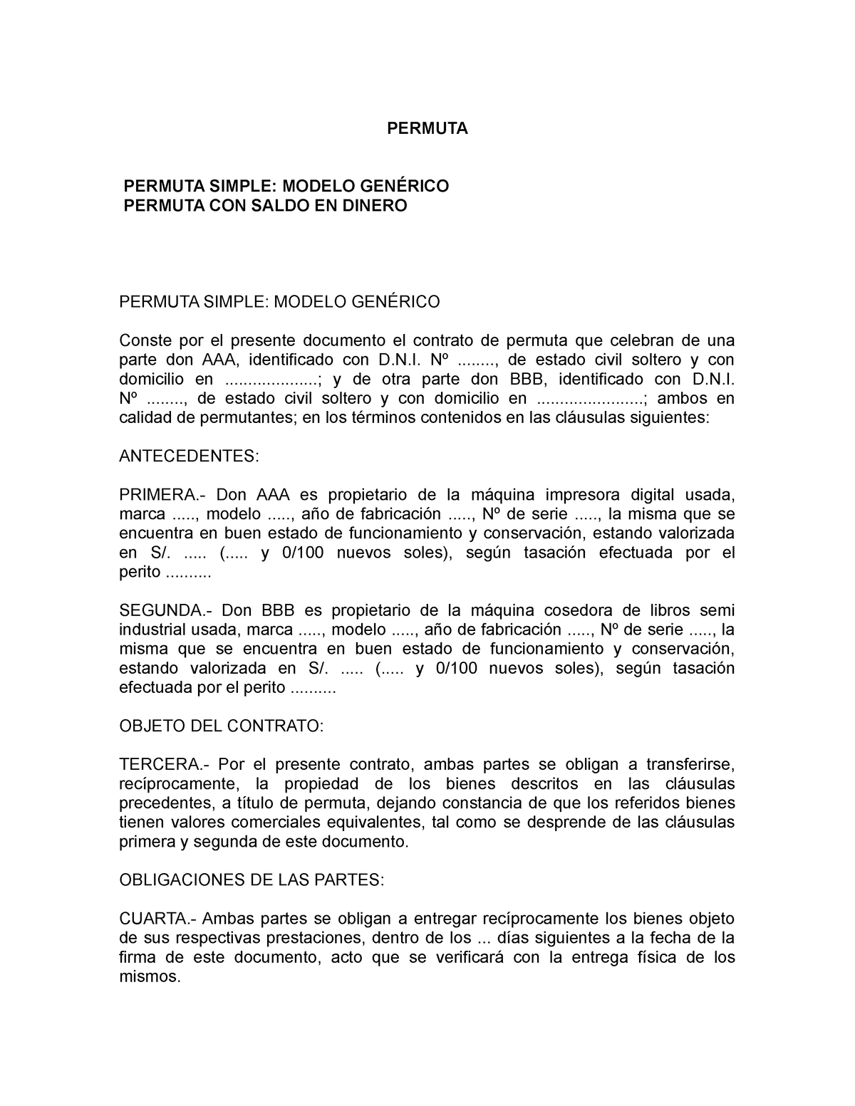 Permuta Contratos Permuta Permuta Simple Modelo GenÉrico Permuta Con Saldo En Dinero