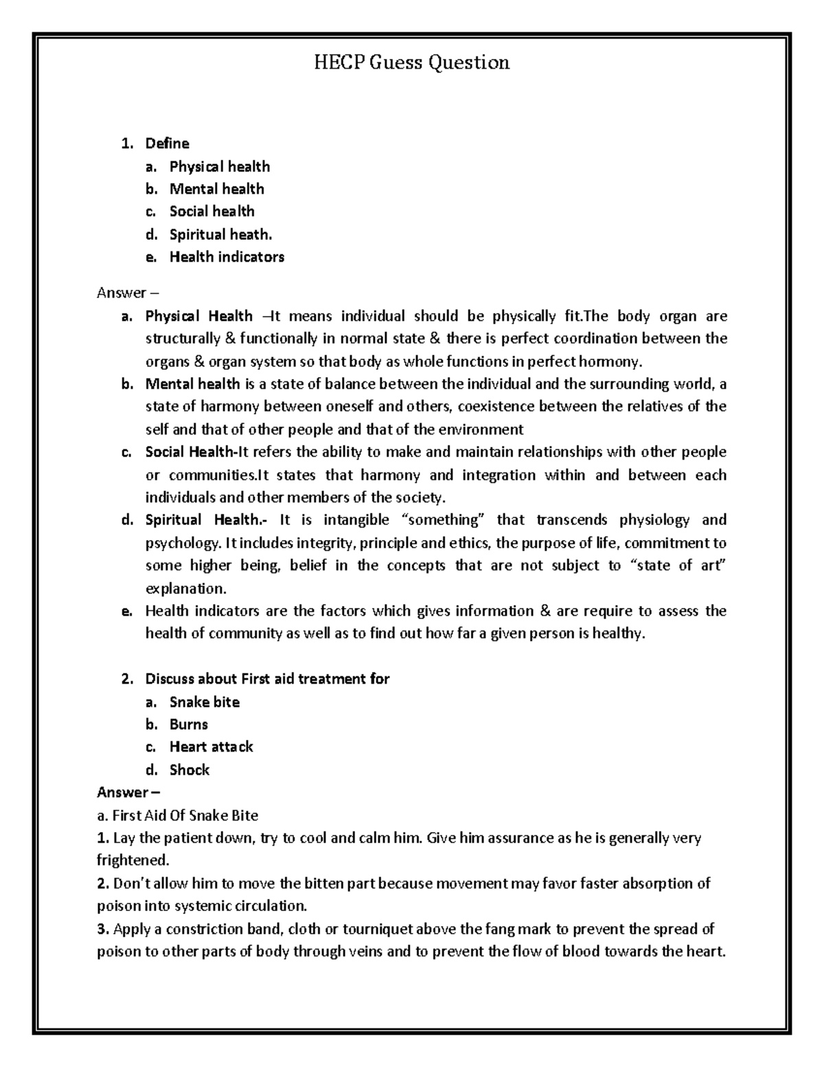 HECP Guess Question - Define a. Physical health b. Mental health c ...